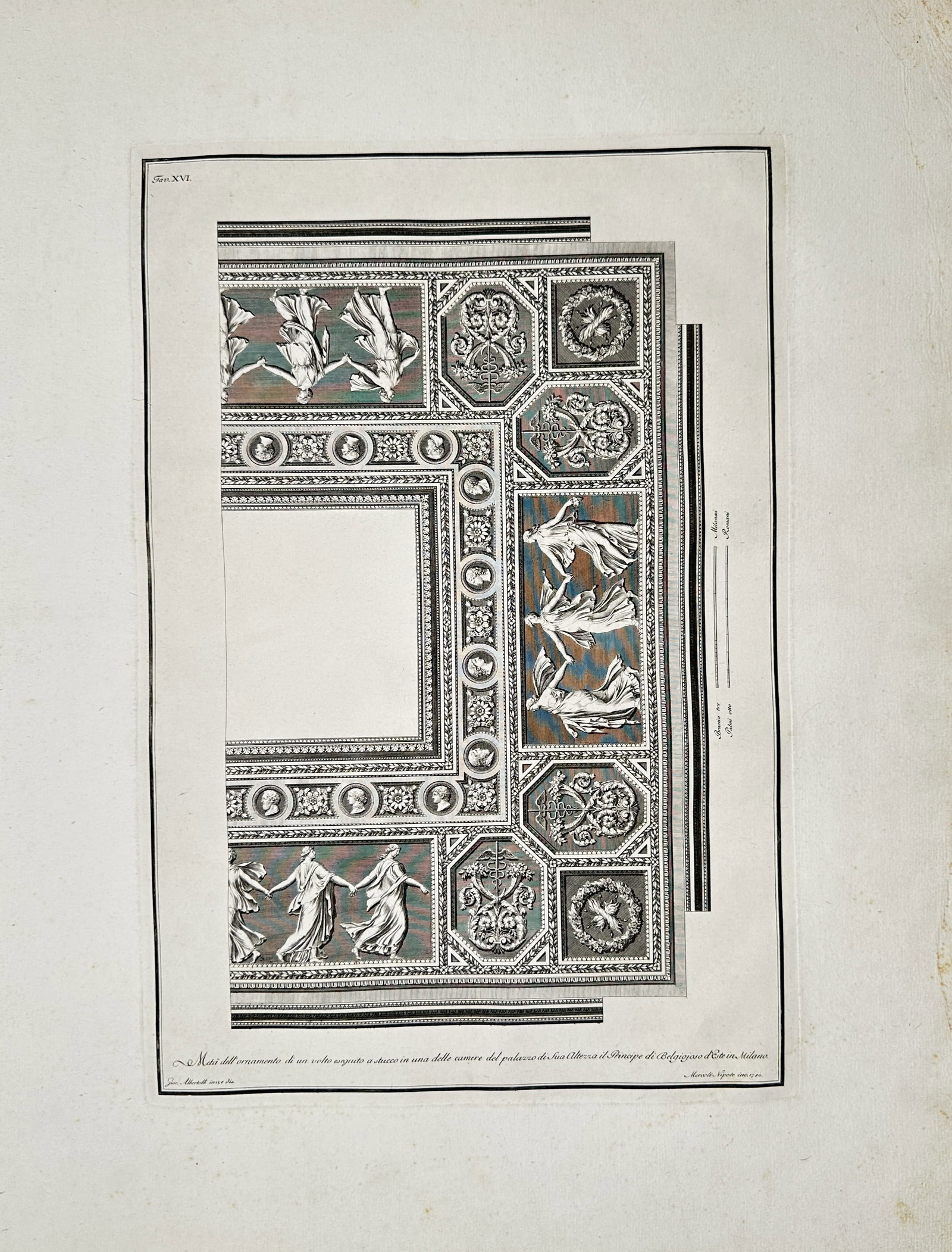 Giocondo Albertolli – Ceiling Stucco Ornament for the Belgioioso d'Este Palace – Engraving: "Half of the Stucco Ornament of a Vault Executed in One of the Rooms of the Palace of His Serene Highness the Prince of Belgioioso d'Este in Milan" presents a Neoclassical decorative architectural pla