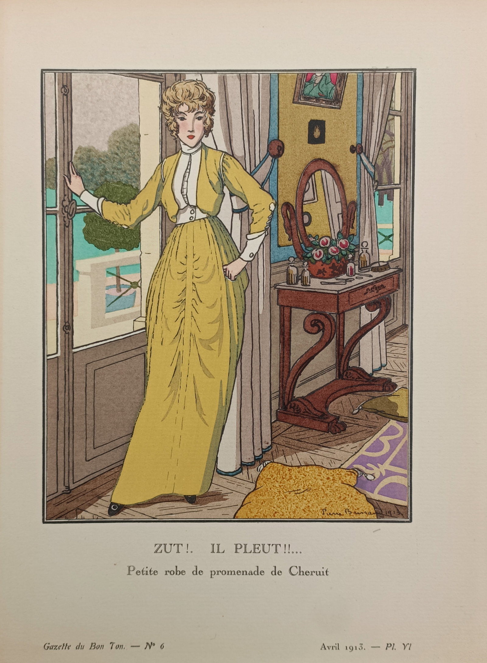 Pierre Brissaud – Damn! It's Raining: Chéruit Promenade Dress – Pochoir Print (1913): "Damn! It's Raining: Chéruit Promenade Dress" depicts an elegant fashion illustration of a stylish woman wearing a yellow Chéruit promenade dress standing beside French doors looking out into a gard