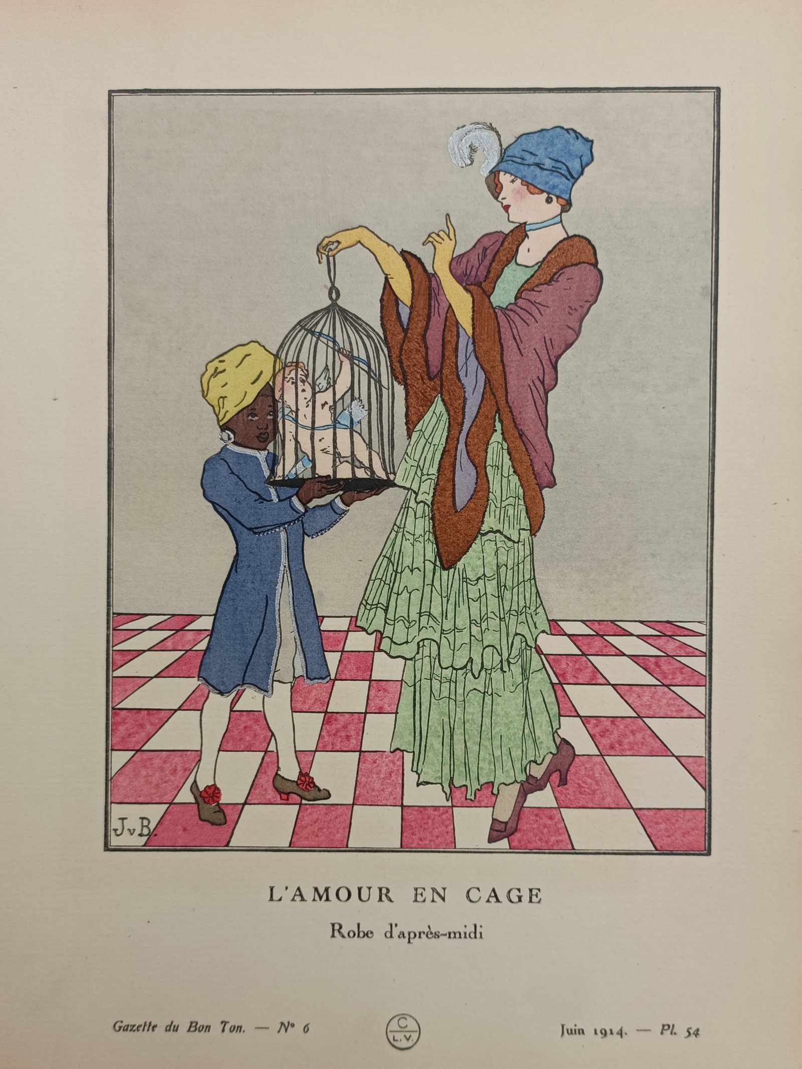 Jan van Brock – Caged Love: Afternoon Dress – Pochoir Print (1914): "Caged Love: Afternoon Dress" depicts an allegorical haute couture scene featuring a stylishly attired woman engaging with a winged Cupid held in a cage by an attendant on a checkered floor, published