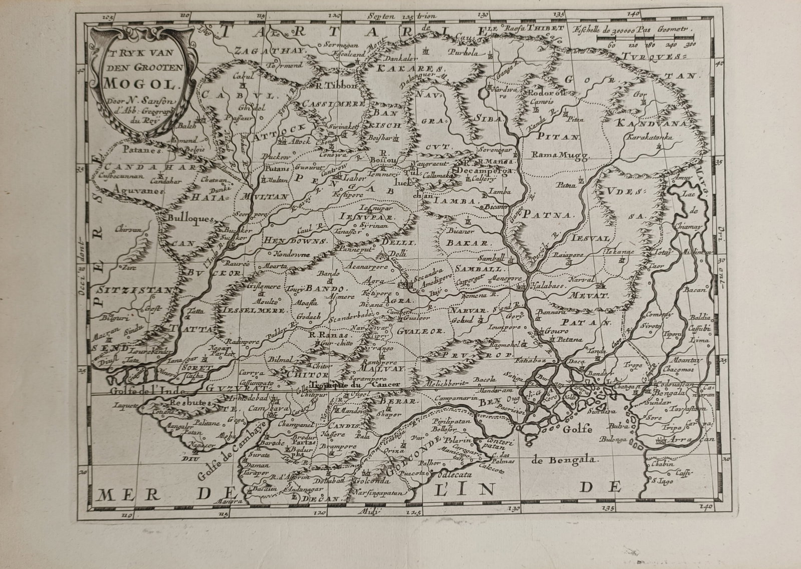Nicolas Sanson – Map of the Mughal Empire – South Asia – Engraving (17th Century): "The Realm of the Great Mogul" depicts an early cartographic map of the Mughal Empire encompassing northern India and adjacent territories, delineated by rivers, mountain ranges, and regional kingdoms