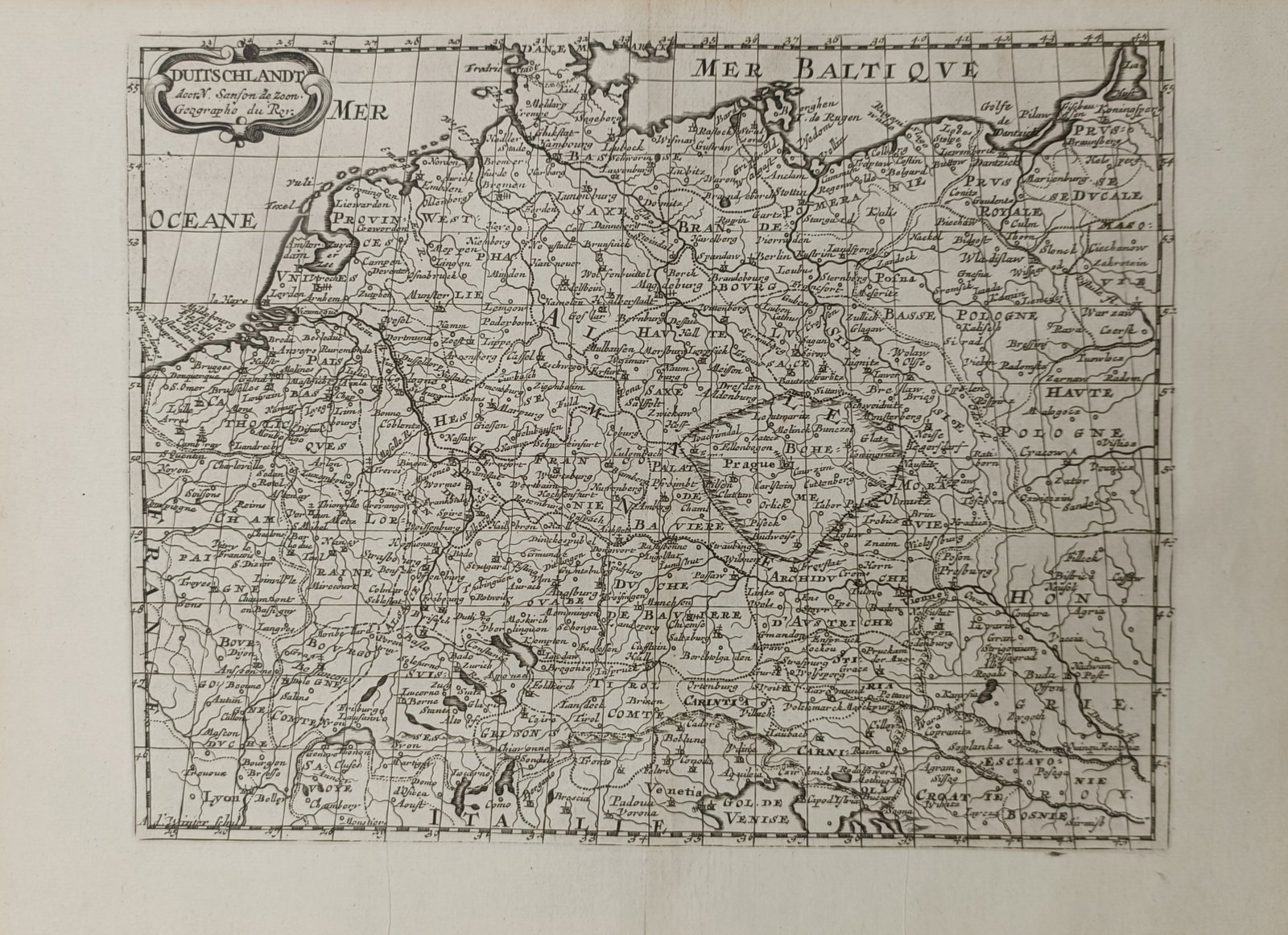 Nicolas Sanson – Map of Germany – Central Europe – Engraving (17th Century): "Germany" depicts an early cartographic map of the German lands and Central European territories, delineated by historical regional divisions, river courses, and prominent settlements extending from t