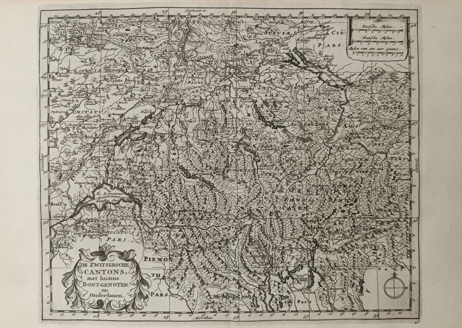 Nicolas Sanson – Map of Switzerland – Central Europe – Engraving (17th Century): "The Swiss Cantons, with Their Allies and Subjects" depicts an early cartographic map of the Swiss Confederation and surrounding Alpine regions, delineated by mountainous relief, major lakes, cantonal