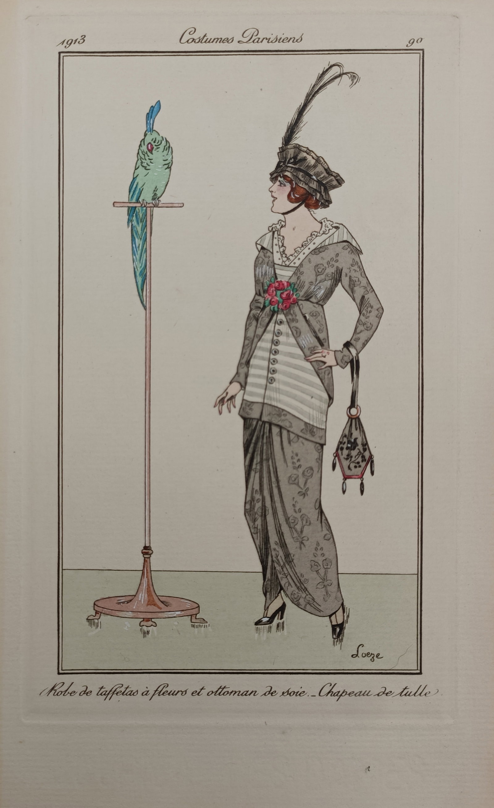 Loeze – Floral Taffeta Dress and Tulle Hat – Pochoir Print (1913) (1 of 2)
