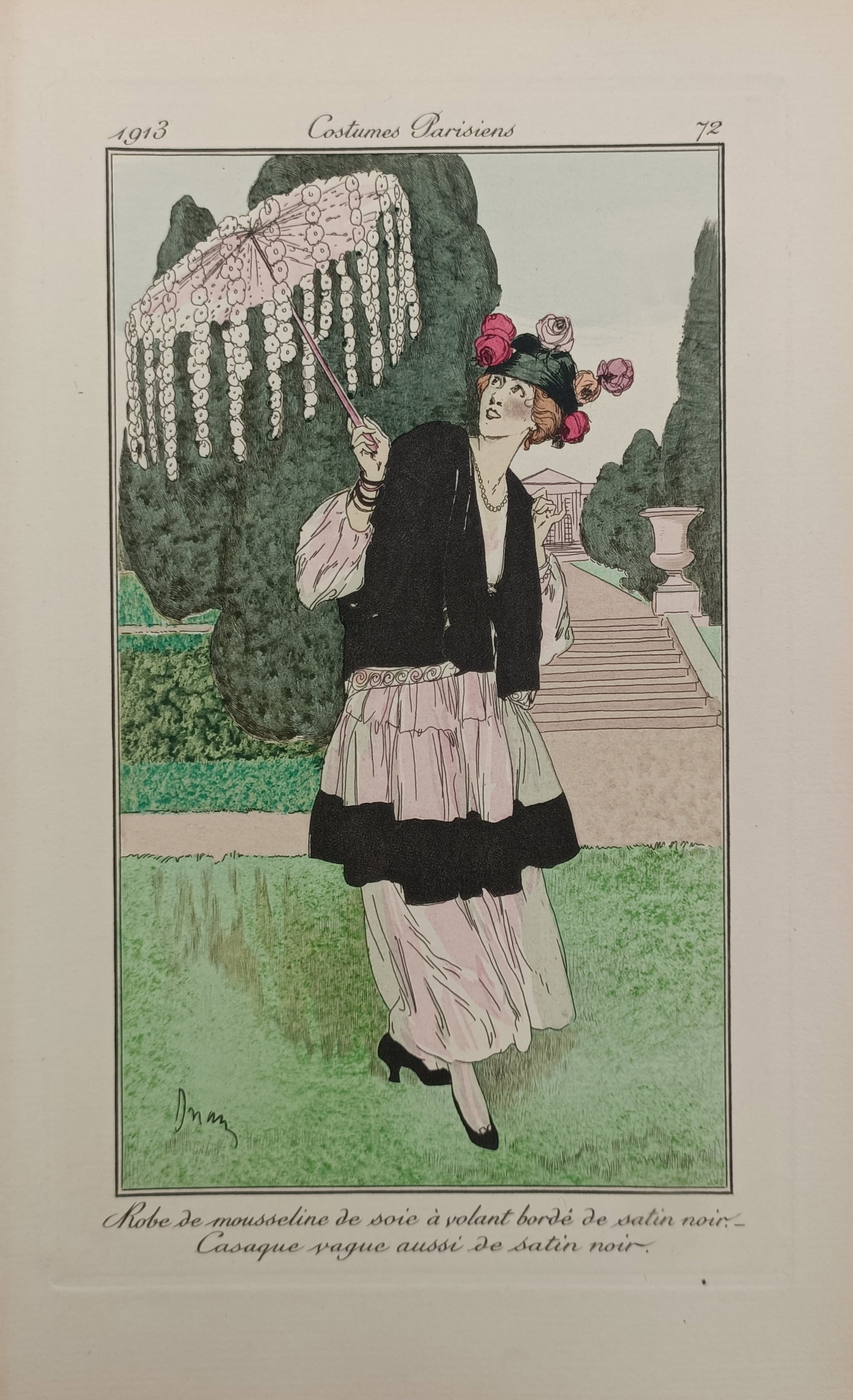 Étienne Drian – Silk Chiffon Dress and Black Satin Coat – Pochoir Print (1913): "Silk Chiffon Dress with Ruffled Hem Bordered in Black Satin, Loose Coat Also in Black Satin" depicts an elegant fashion illustration of a woman holding a fringed parasol in a garden promenade, publis