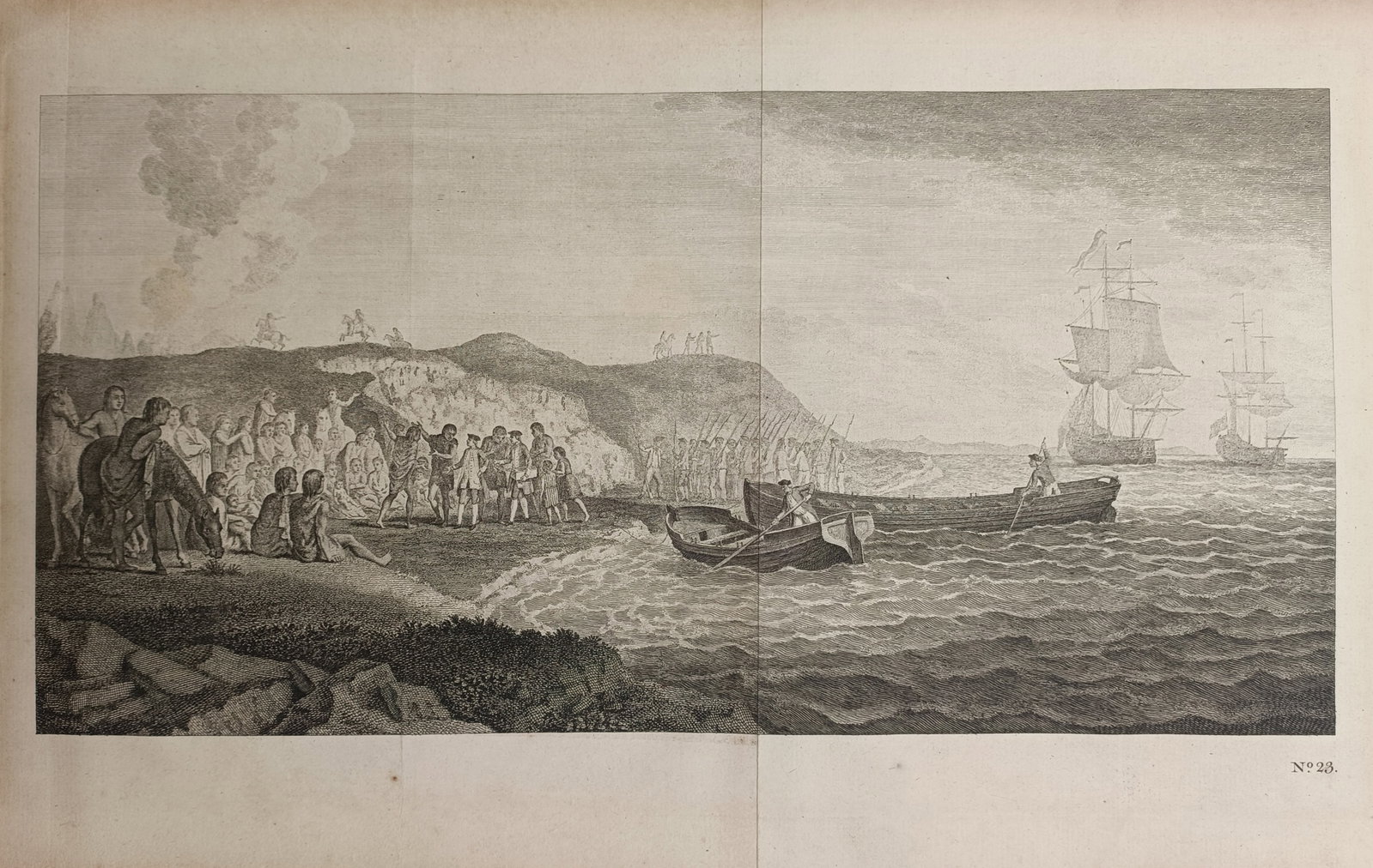 John Hawkesworth – Landing of European Explorers – Engraving (1773) (1 of 2)