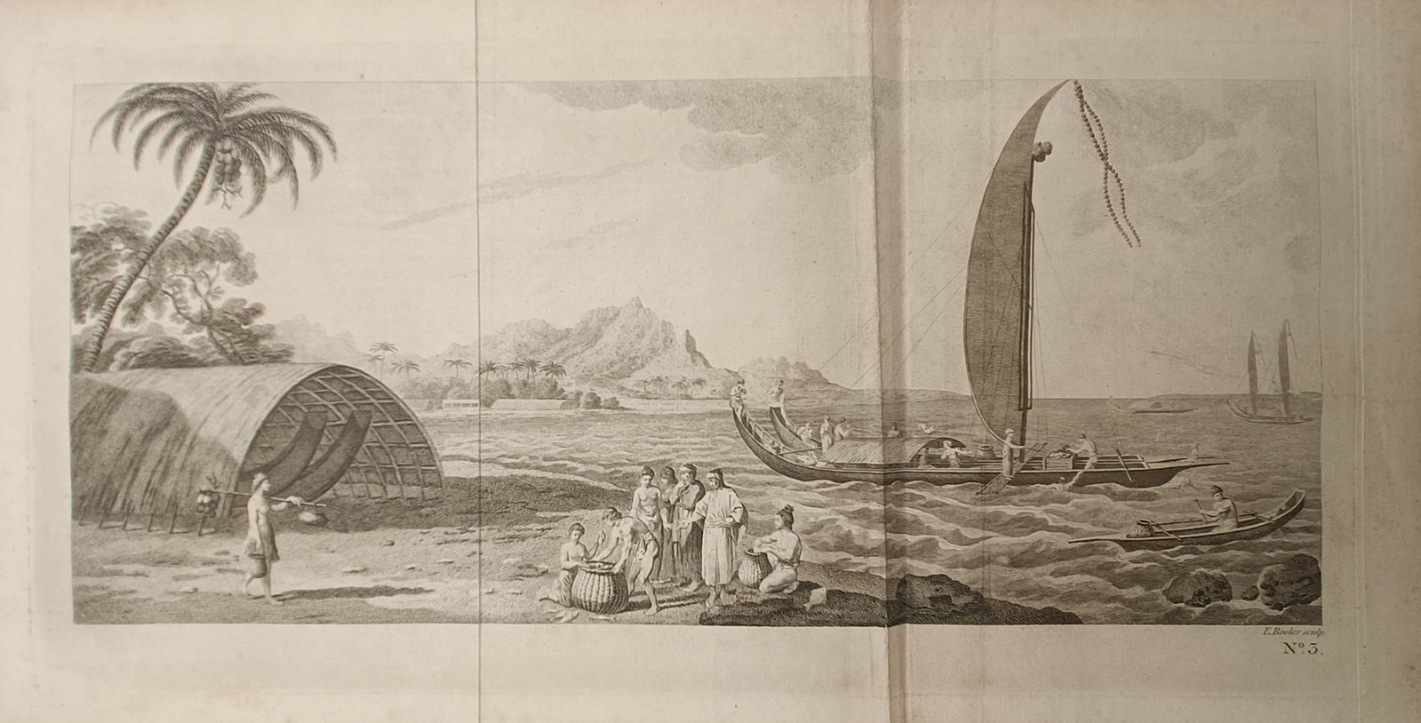 John Hawkesworth – Tahitian Sailing Canoe and Coastal Settlement – Engraving (1773) (1 of 2)