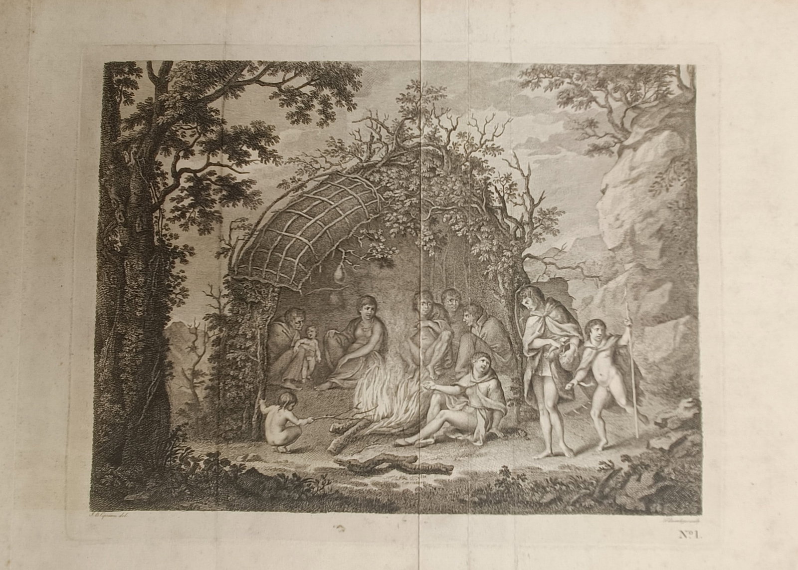 John Hawkesworth – Inhabitants of Tierra del Fuego in Their Hut – Engraving (1773): "Inhabitants of Tierra del Fuego in Their Hut" depicts an ethnographic interior scene of indigenous Fuegians warming themselves around a central fire within a curved foliage shelter, accompanied by fi