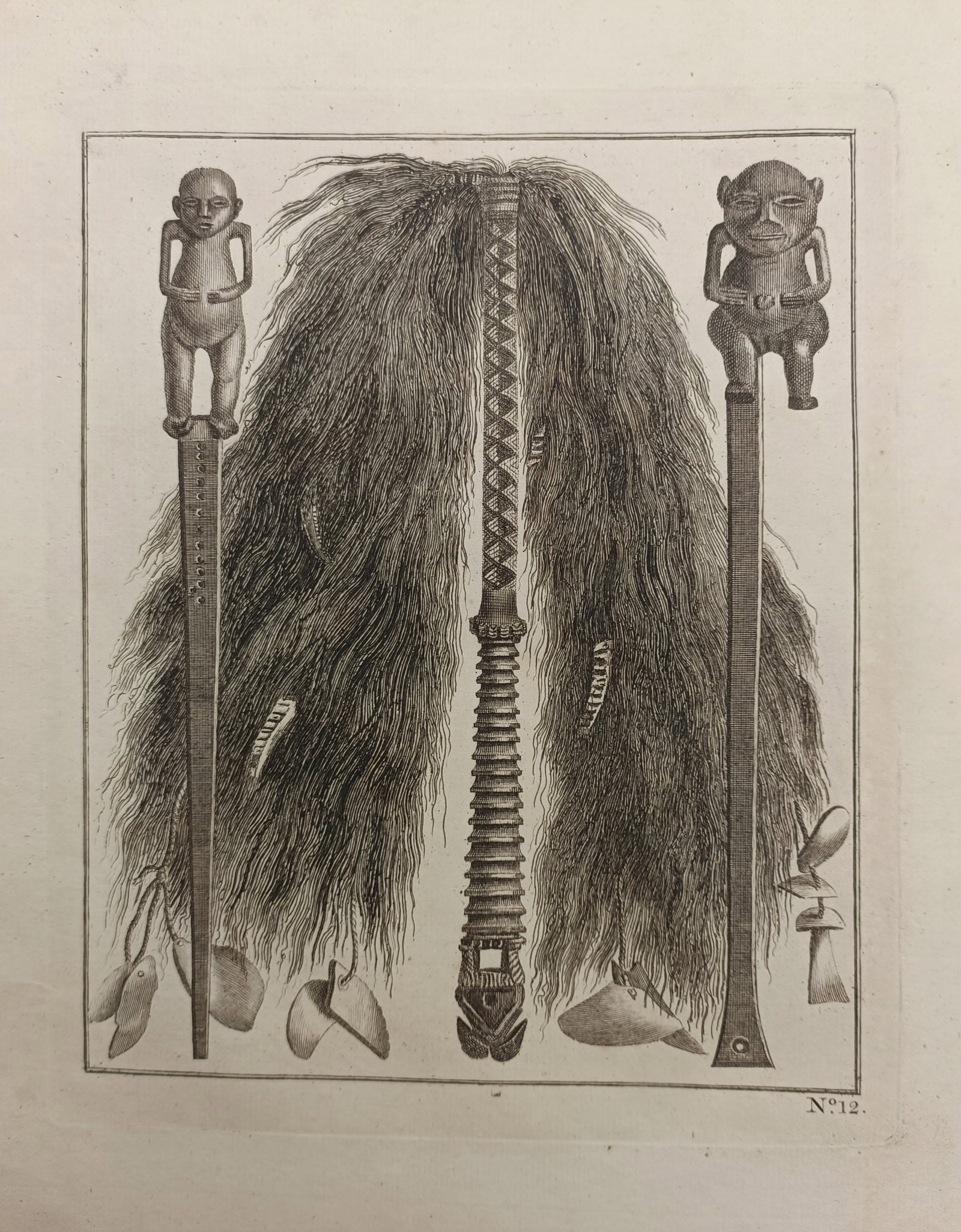 John Hawkesworth – Pacific Island Utensils and Carved Artifacts – Engraving (1773) (1 of 2)