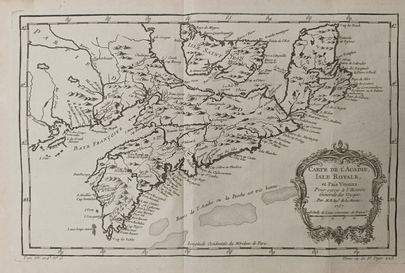Jacques-Nicolas Bellin – Map of Acadia, Isle Royale, and Neighboring Lands – North America: "Map of Acadia, Isle Royale, and Neighboring Lands" depicts an eighteenth-century cartographic survey of the maritime regions of eastern Canada, detailing the coastlines, islands, fishing banks, and r