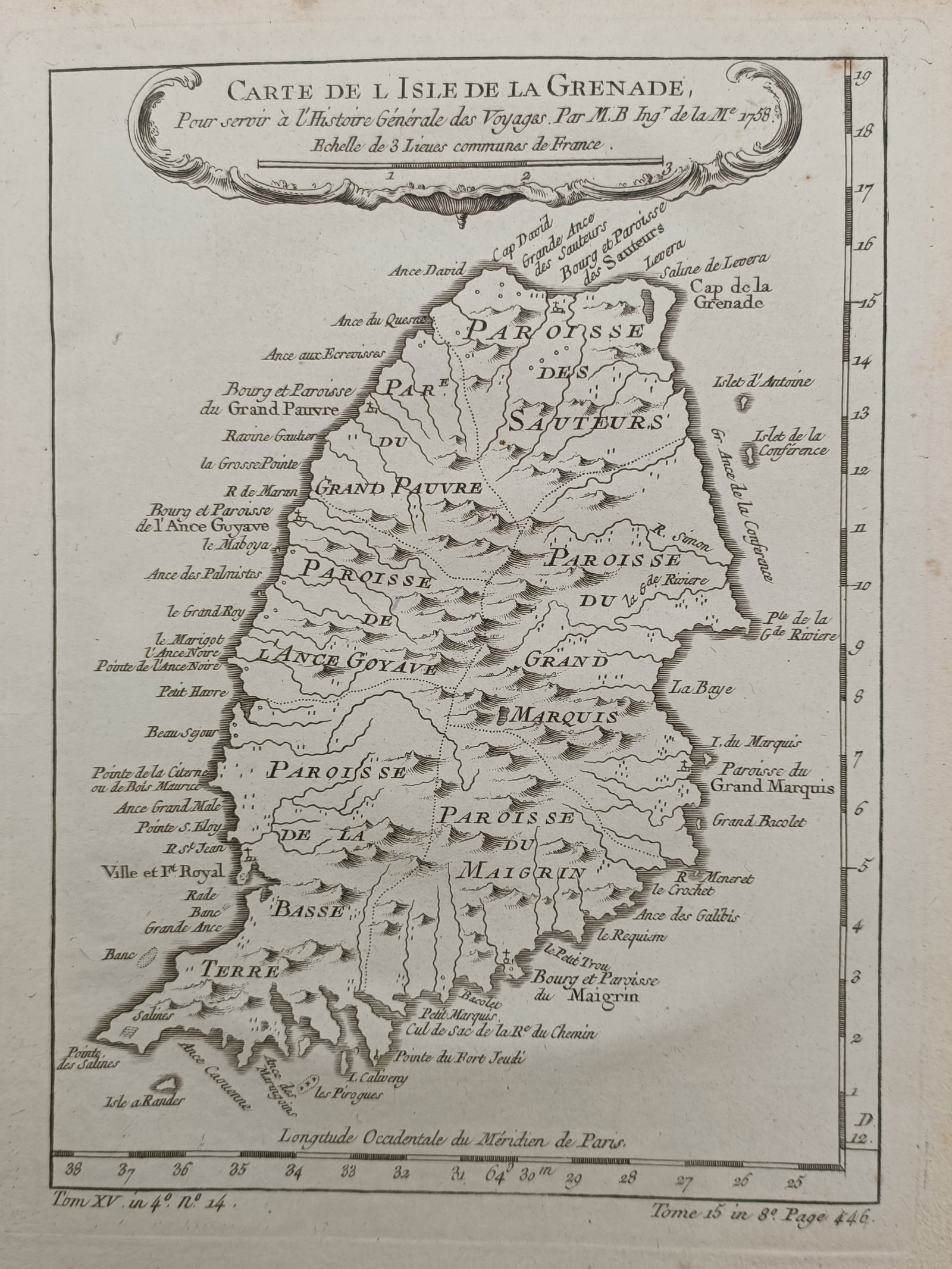 Jacques-Nicolas Bellin – Map of Grenada – Caribbean – Engraving (1758): "Map of the Island of Grenada" depicts an eighteenth-century cartographic survey of the Caribbean island of Grenada, delineating its parish divisions, mountainous terrain, coastal bays, and offshore i