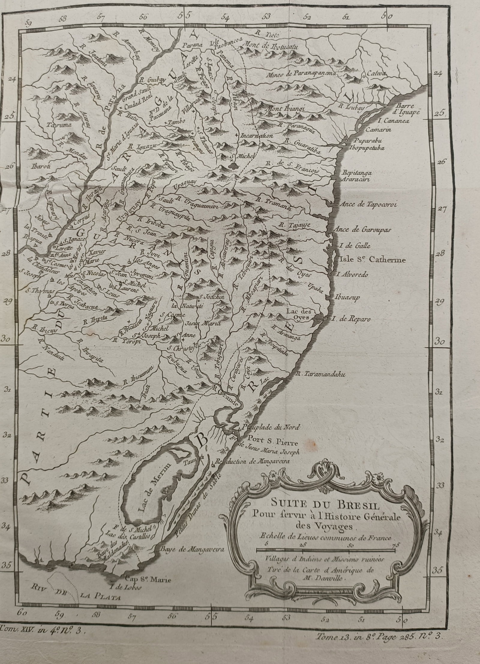 Jacques-Nicolas Bellin – Map of Southern Brazil – South America – Engraving (18th Century): "Continuation of Brazil" depicts an eighteenth-century cartographic survey of southern Brazil and adjacent South American territories, delineating river courses, mountain ranges, coastal topography, a