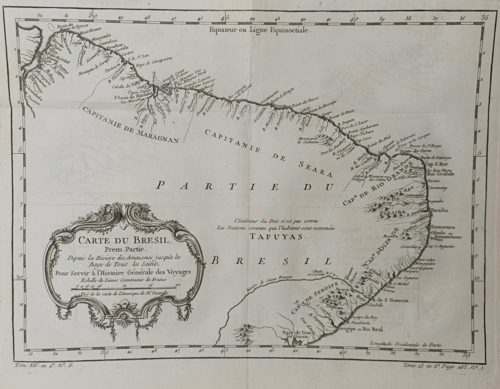 Jacques-Nicolas Bellin – Map of Northern Brazil – South America – Engraving (18th Century): "Map of Brazil, First Part" depicts an eighteenth-century cartographic survey of northeastern Brazil spanning from the Amazon River to the Bay of All Saints, detailing coastal captaincies, river mouth