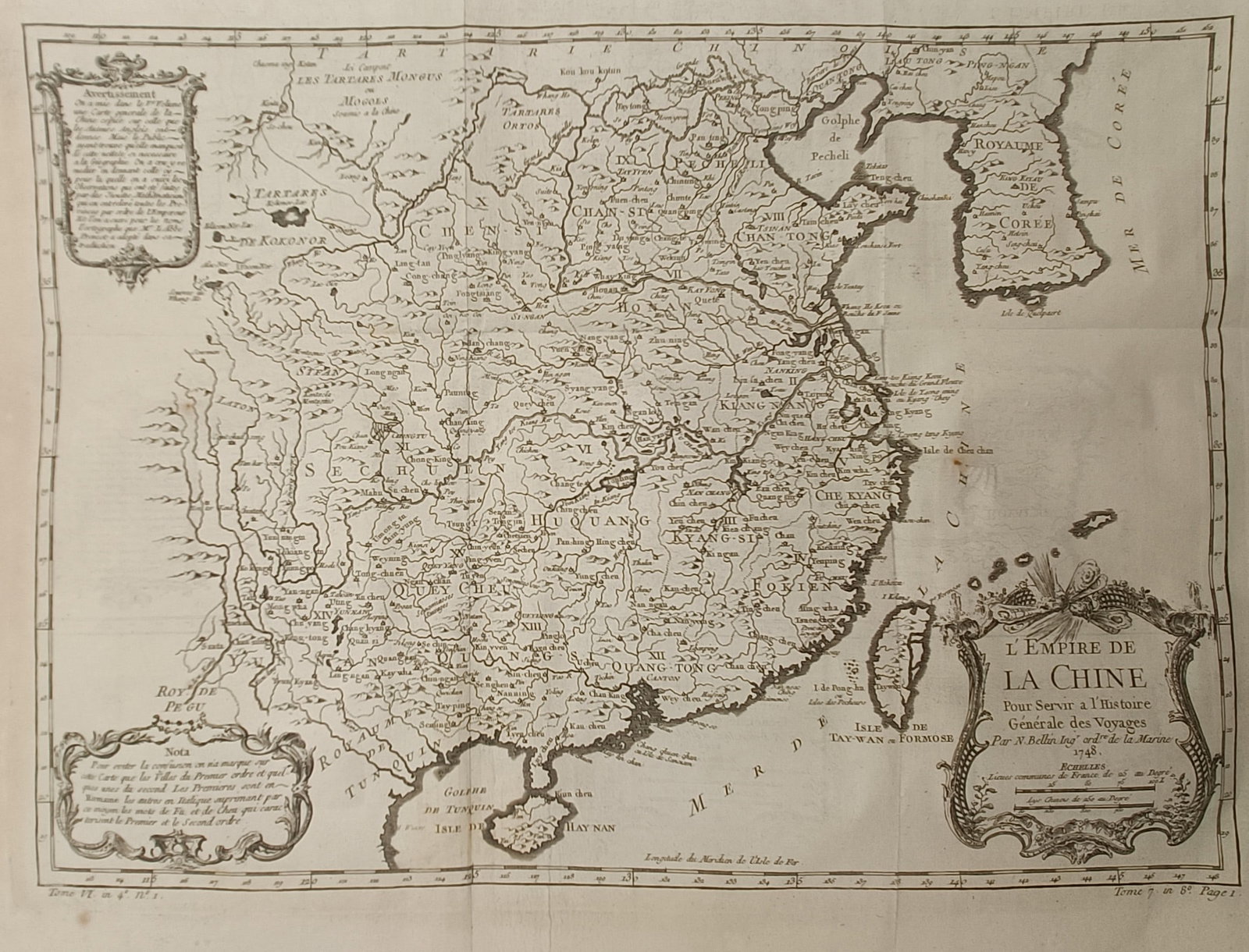 Jacques-Nicolas Bellin – Map of the Chinese Empire – East Asia – Engraving (1748): "The Empire of China" depicts an eighteenth-century cartographic survey of China, the Korean Peninsula, and neighboring territories, delineating provincial divisions, major river networks, mountain sy