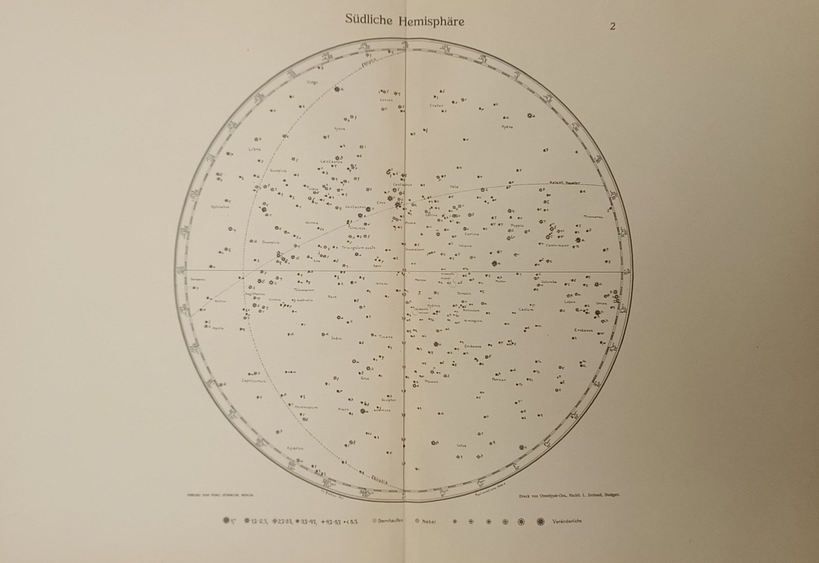 Julius Hoffmann Verlag – Map of the Southern Hemisphere – Germany – Lithograph (19th Century): "Southern Hemisphere" depicts a comprehensive astronomical star chart mapping the constellations and stellar magnitudes of the southern sky within a circular projection. The scientific composition ill