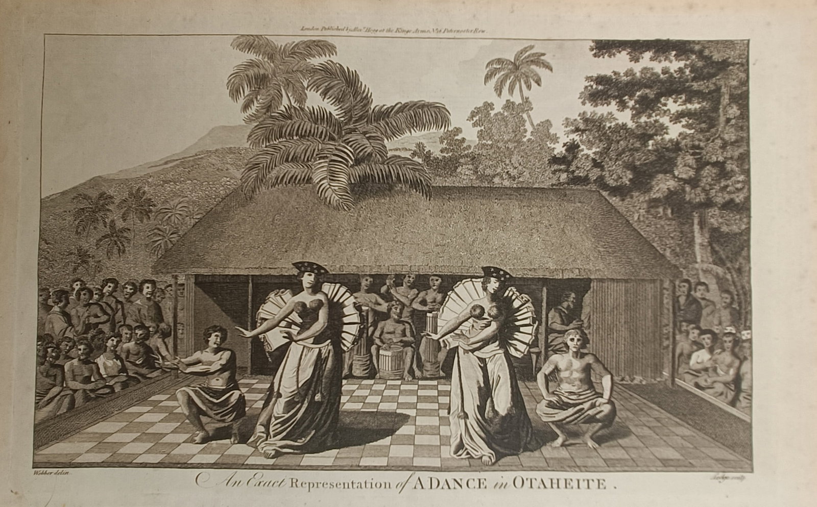 Alexander Hogg – An Exact Representation of a Dance in Otaheite – Engraving (18th Century): "An Exact Representation of a Dance in Otaheite" depicts a traditional Tahitian dance performance presented before a seated audience and musicians beside a thatched dwelling in a lush tropical landsca