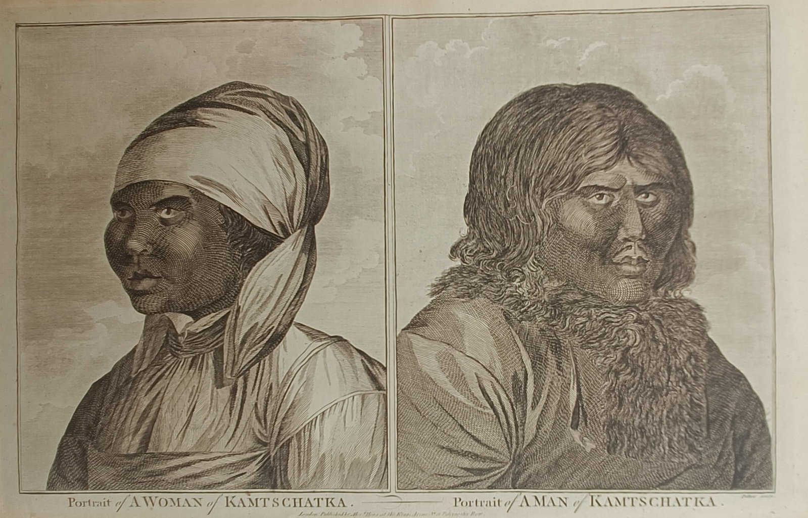 Alexander Hogg – Portraits of a Woman and a Man of Kamchatka – Engraving (18th Century): "Portraits of a Woman and a Man of Kamchatka" depicts ethnographic portrait studies of indigenous inhabitants from the Kamchatka Peninsula wearing traditional headwear and fur-trimmed attire against a