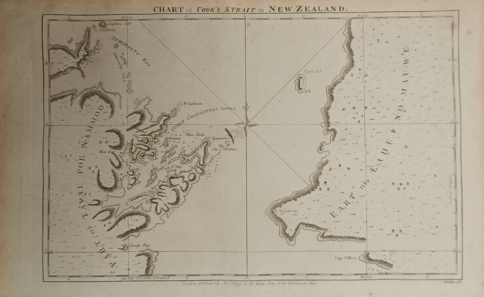 Alexander Hogg – Map of Cook Strait – New Zealand – Engraving (18th Century): "Chart of Cook's Strait in New Zealand" depicts a detailed historical nautical chart mapping the coastal topography and waterways between the North and South Islands of New Zealand. The maritime carto
