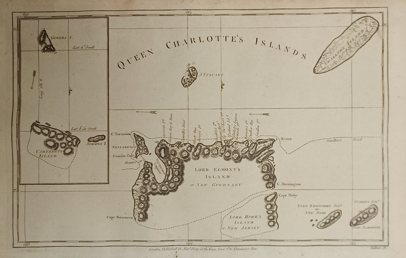 Alexander Hogg – Map of Queen Charlotte's Islands – Pacific Ocean – Engraving (18th Century): "Queen Charlotte's Islands" depicts a detailed historical nautical chart mapping the archipelago including Lord Egmont's Island and surrounding isles with coastal topography and navigational tracks. T