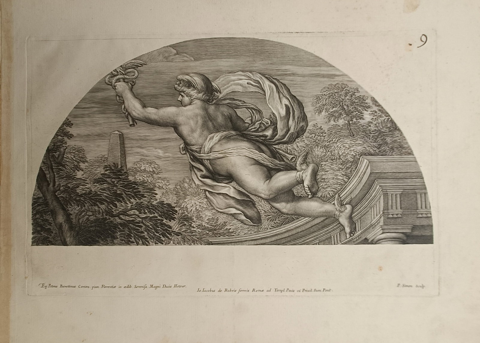 Pierre Simon – Mercury in Flight with the Caduceus – Engraving (17th Century): "Mercury in Flight with the Caduceus" depicts a classical mythological scene featuring the winged messenger god soaring through the air above a wooded landscape and classical architecture while holdin