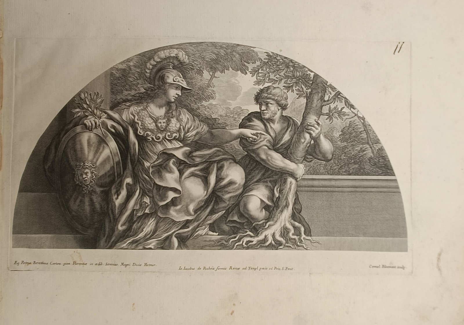 Cornelis Bloemaert II – Minerva and the Allegory of Industry – Engraving (17th Century): "Minerva and the Allegory of Industry" depicts a classical allegorical scene featuring the helmeted goddess of wisdom bearing her shield beside a robust youth uprooting an oak tree within a lunette fr