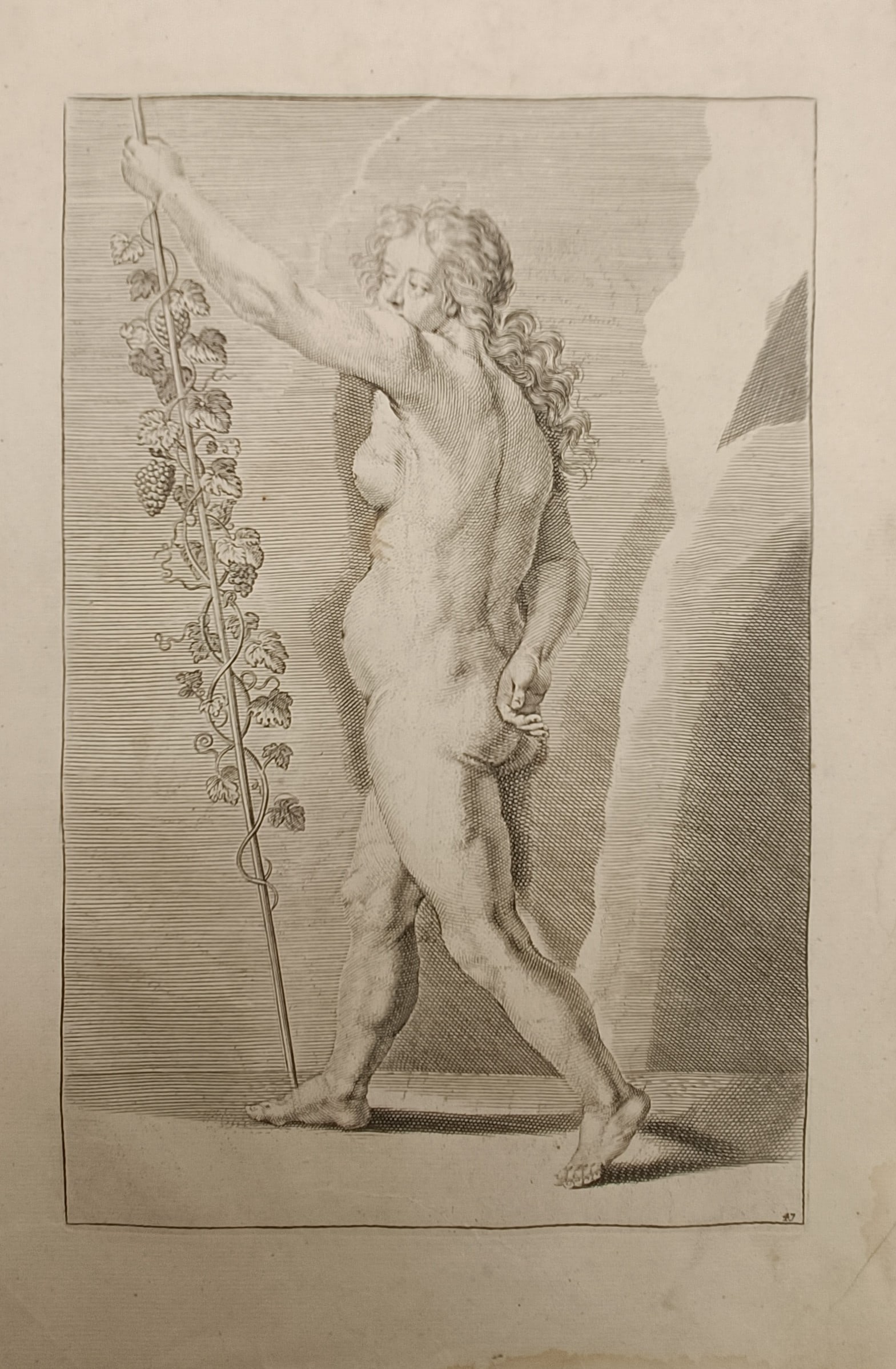 Frederik de Wit – Academic Study of a Female Figure with Thyrsus – Etching (17th): "Academic Study of a Female Figure with Thyrsus" depicts a classical full-length anatomical study of a walking female figure seen from the rear and side, holding an upright staff entwined with grapevi
