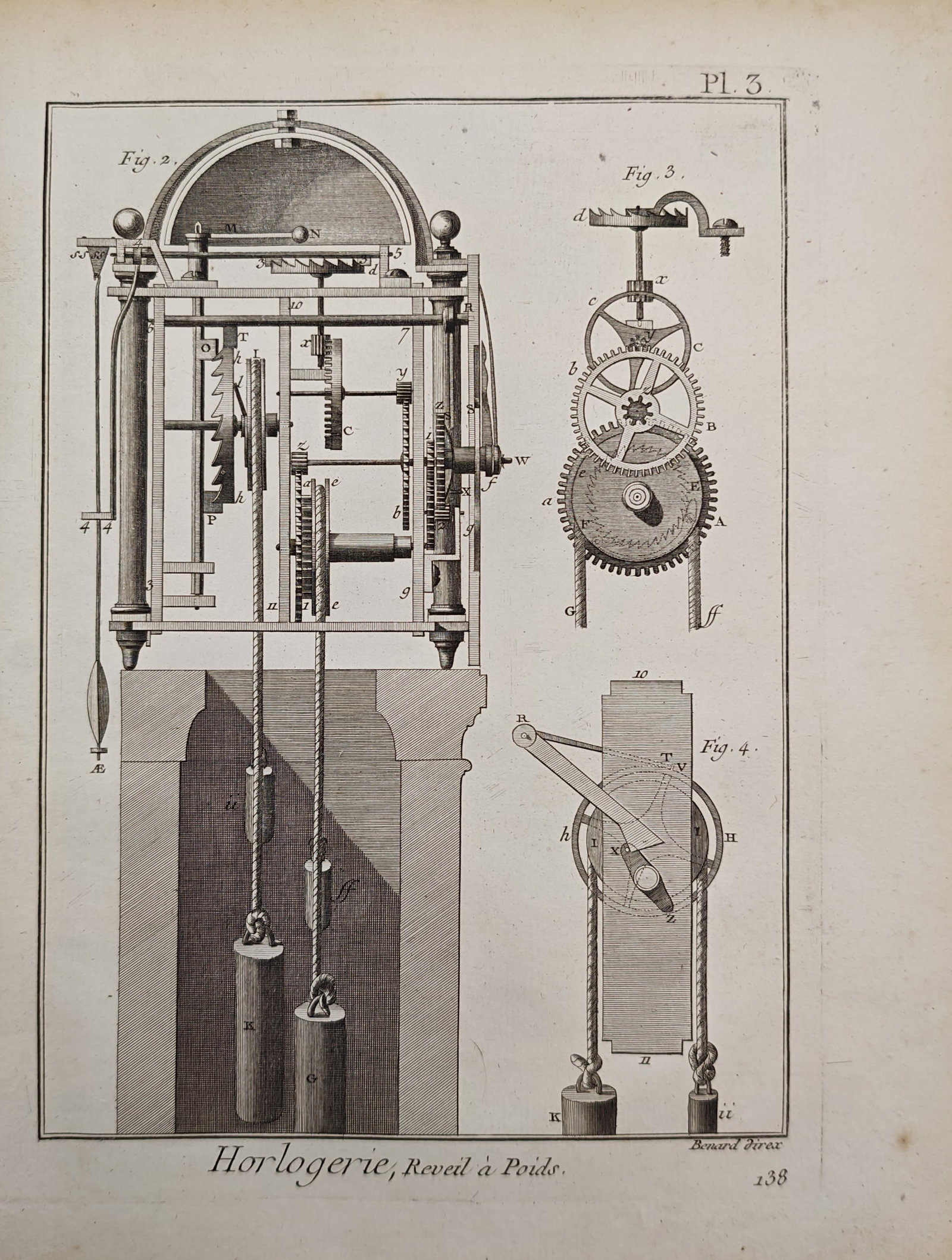 Robert Benard – Horology and Weight-Driven Alarm Clock Mechanisms – Engraving (18th Century) (1 of 2)