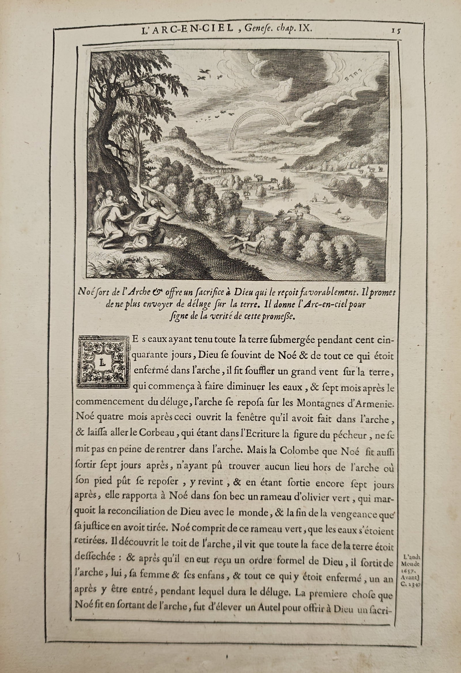 Nicolas Fontaine – The Rainbow and Noah's Sacrifice After the Deluge – Engraving (17th Century) (1 of 2)