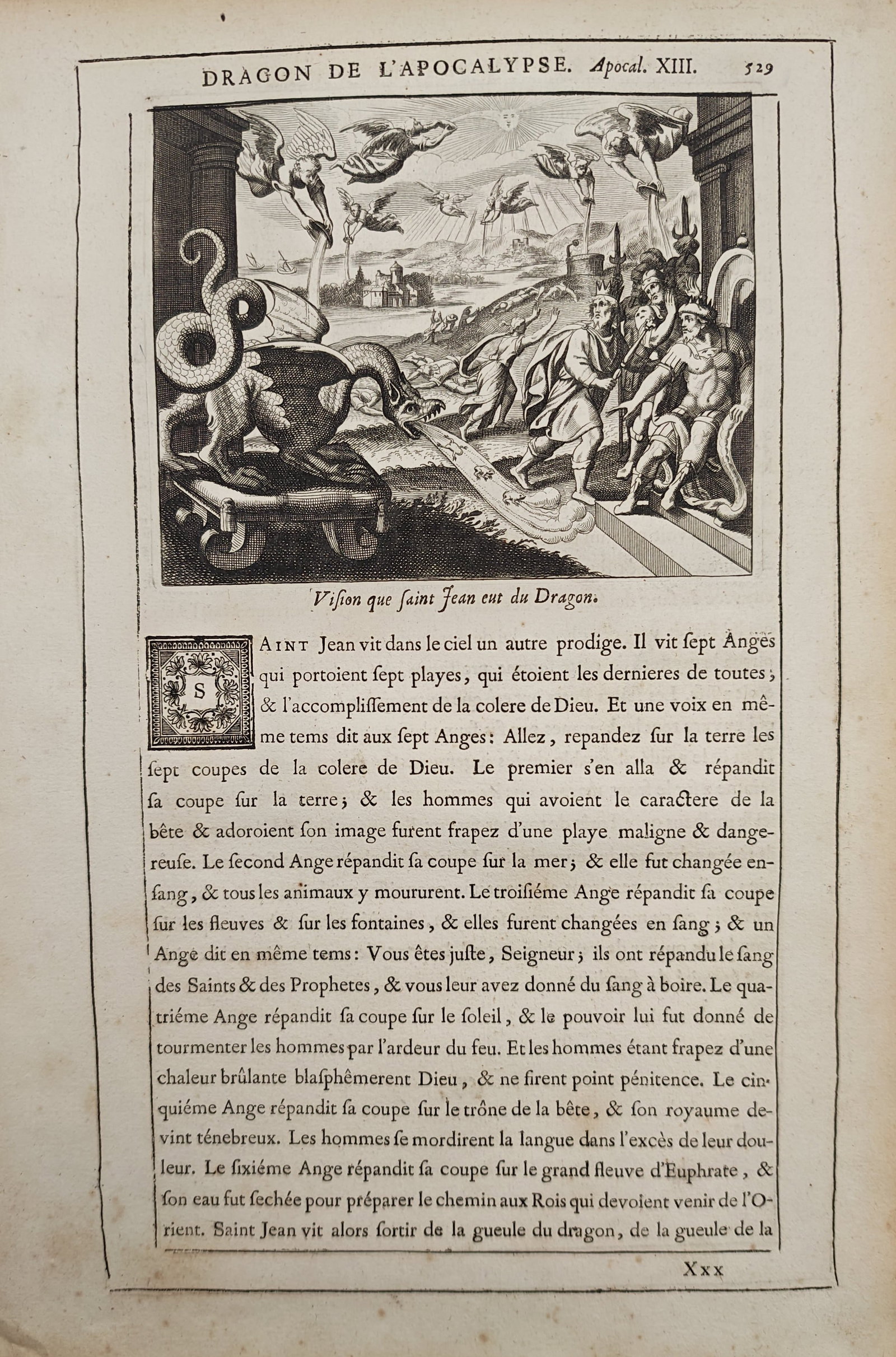 Nicolas Fontaine – The Dragon of the Apocalypse and the Seven Angels – Engraving (17th Century): "Dragon of the Apocalypse" depicts Saint John's apocalyptic vision featuring the multi-headed serpent beast confronting enthroned rulers beneath heavenly angels pouring out the vials of divine wrath. 