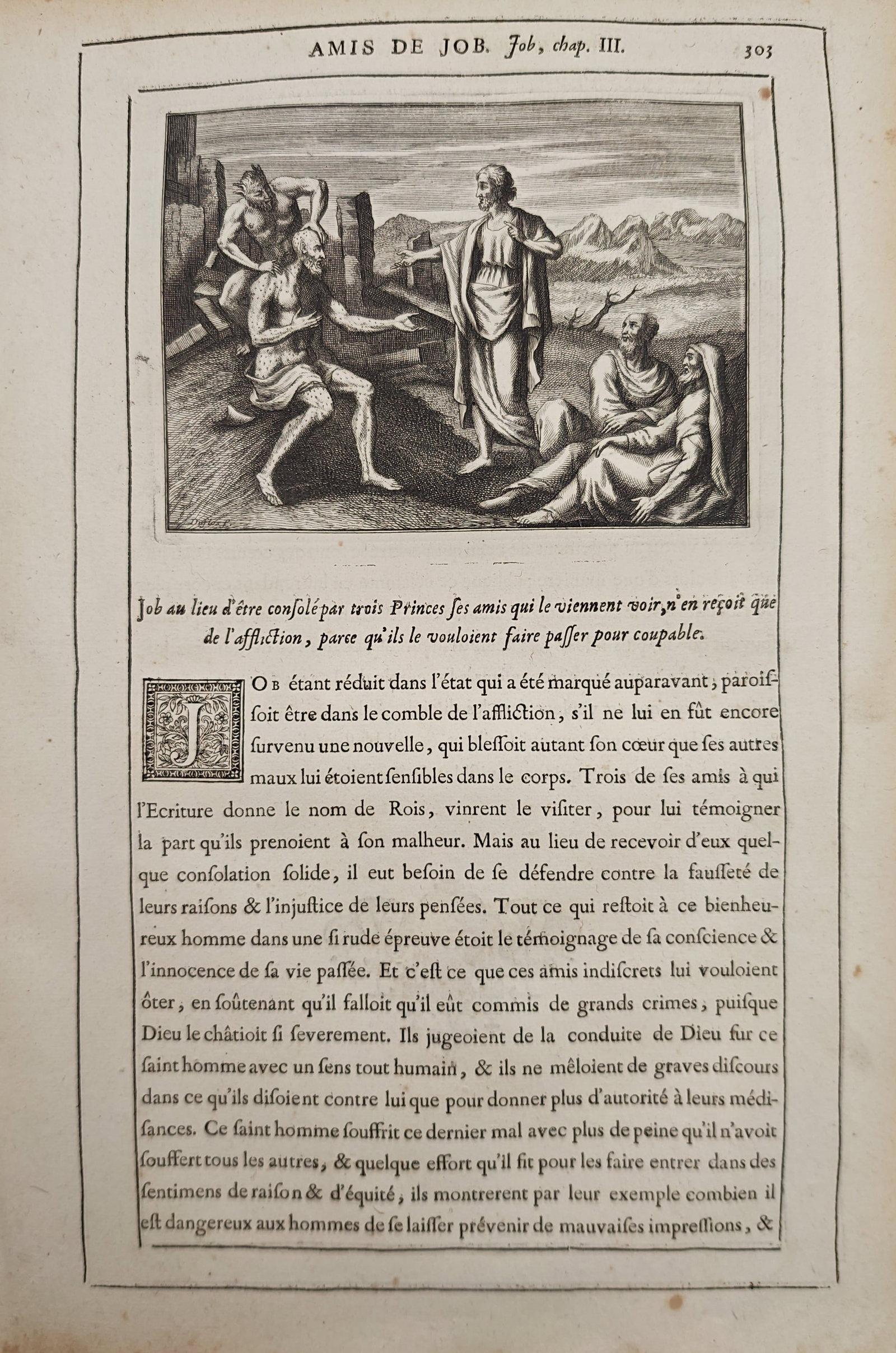 Nicolas Fontaine – Job and His Comforters in Affliction – Engraving (17th Century): "Friends of Job" illustrates the biblical narrative of Job seated in affliction and surrounded by his three visiting companions amid a rugged landscape. The copperplate engraving is accompanied by his