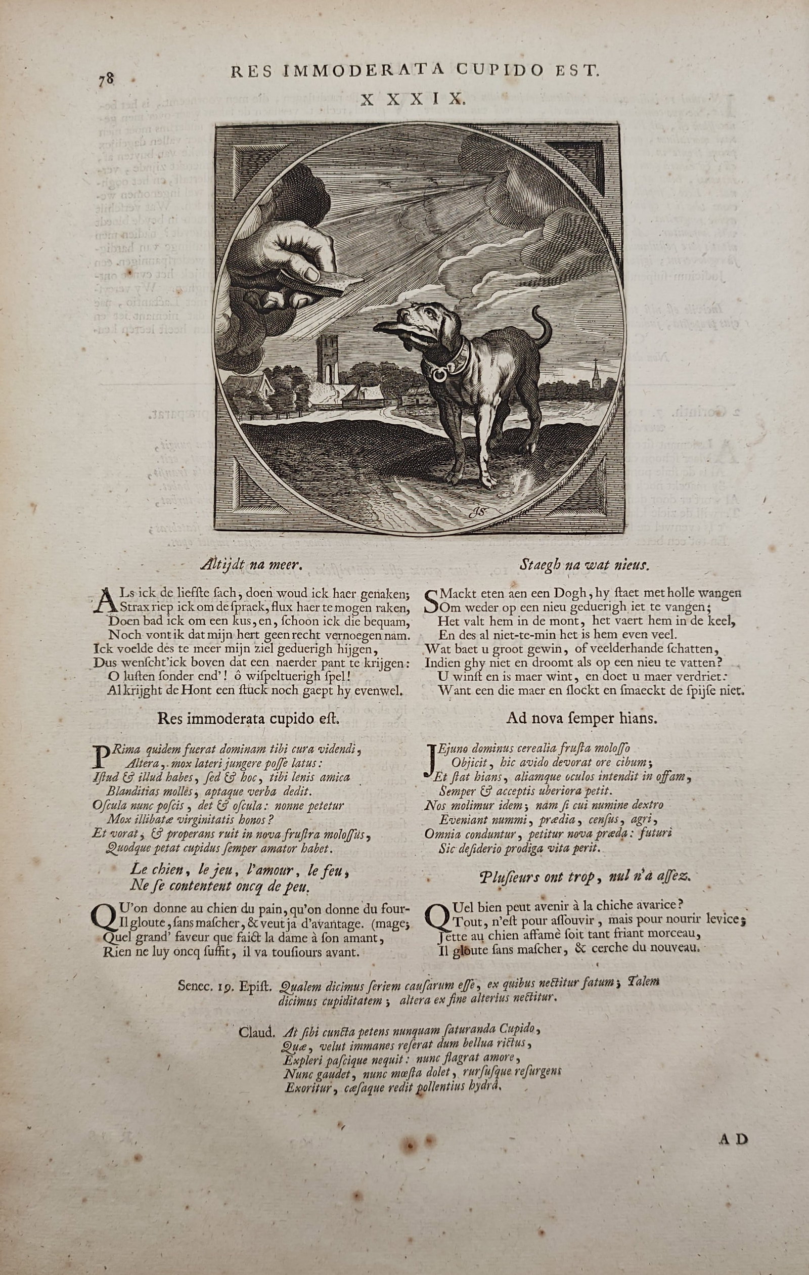 Jacob Cats – Emblem of Insatiable Desire with Dog and Bread – Engraving (17th Century): "Immoderate Desire Is" presents an emblematic scene featuring a dog eagerly receiving food against a rural landscape, illustrating the moral hazards of unbridled appetite and greed. The copperplate en