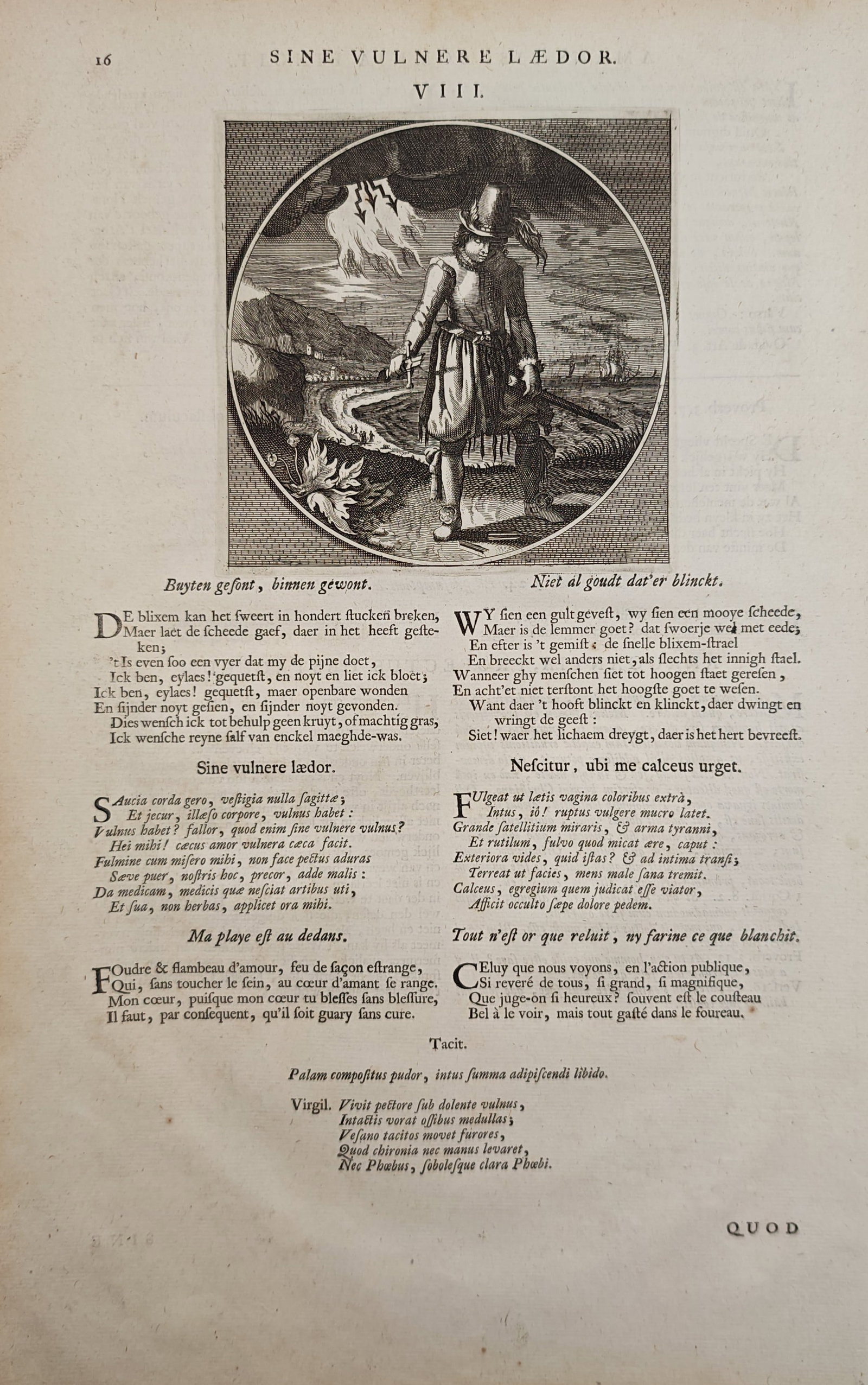 Jacob Cats – Emblem of the Hidden Wound Under Lightning – Engraving (17th Century) (1 of 2)