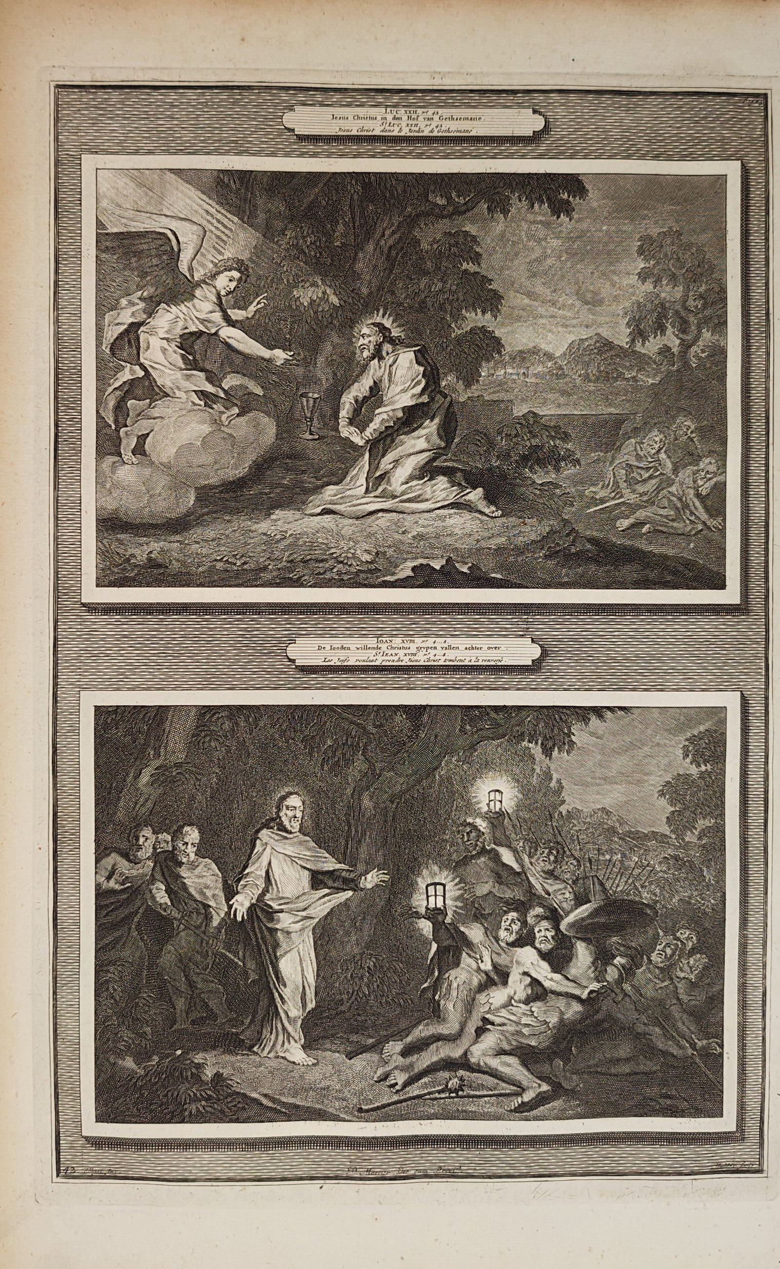 Pieter Mortier – The Agony in the Garden and the Arrest of Christ – Engraving (18th Century): "Jesus Christ in the Garden of Gethsemane and the Arrest of Christ" depicts consecutive biblical episodes of Christ receiving divine comfort from an angel in prayer and subsequently facing soldiers ca