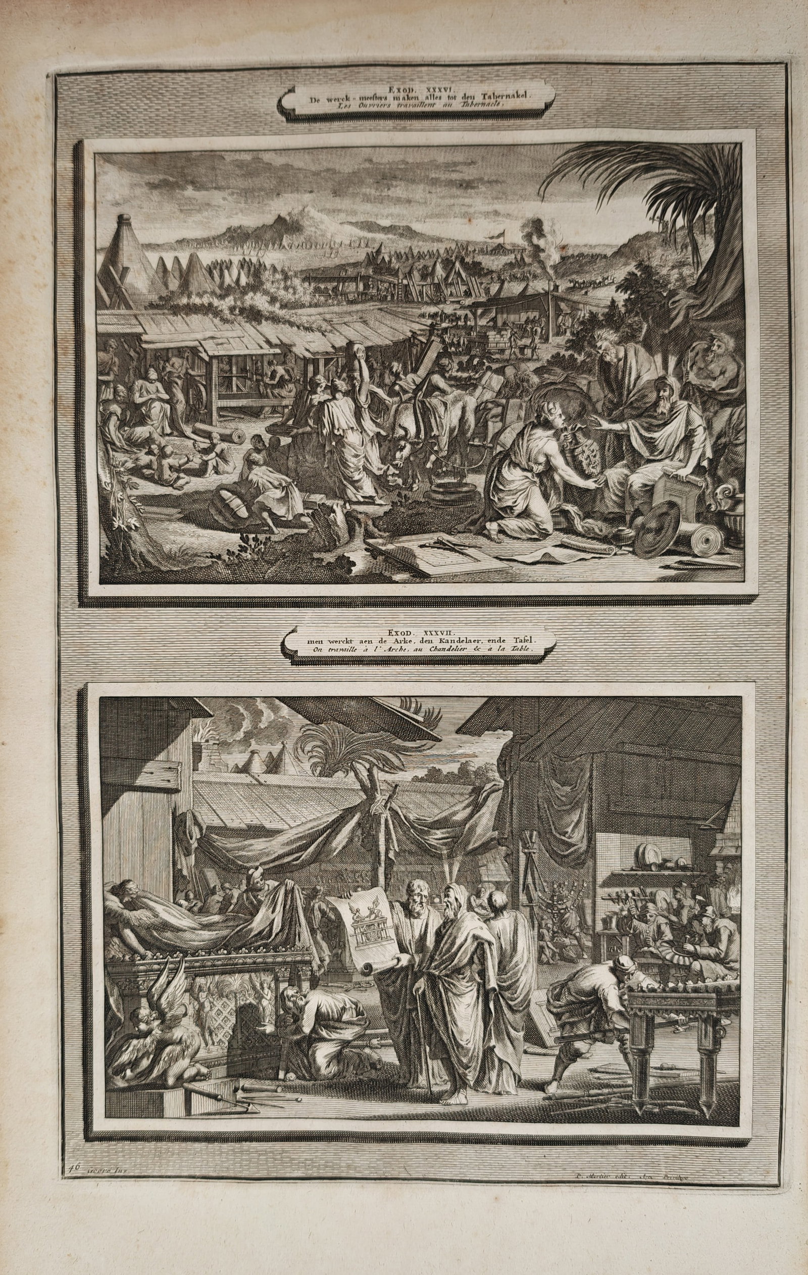 Pieter Mortier – The Construction of the Tabernacle and Holy Furnishings – Engraving (18th (1 of 2)