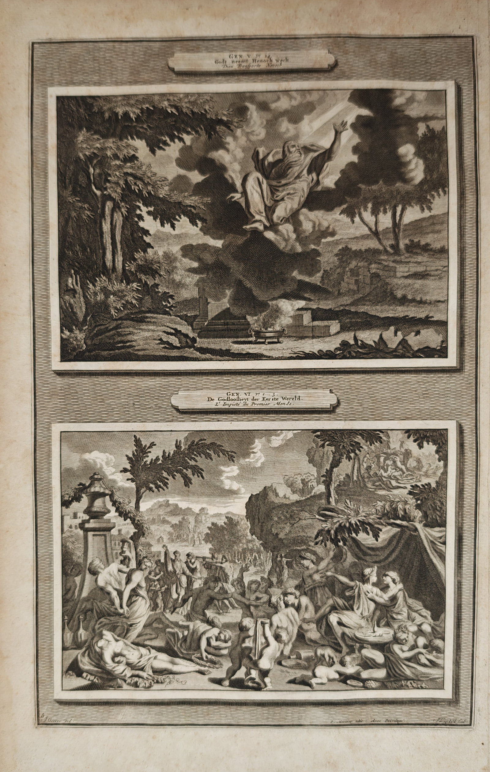 Pieter Mortier – The Translation of Enoch and the Wickedness of the Early World – Engraving: "God Takes Enoch Away and the Wickedness of the First World" depicts biblical accounts from Genesis showing Enoch ascending toward heaven amid radiant light alongside an expansive scene illustrating t