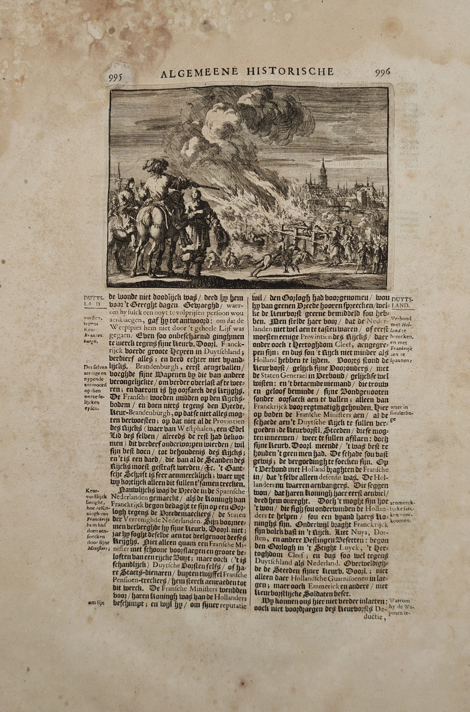 Johann Ludwig Gottfried – Wartime Encampment and Military Operations in Germany – Engraving: "General History" portrays a wartime landscape featuring cavalry officers conferring in the foreground before a distant fortified European city, smoldering encampments, and advancing troop formations.