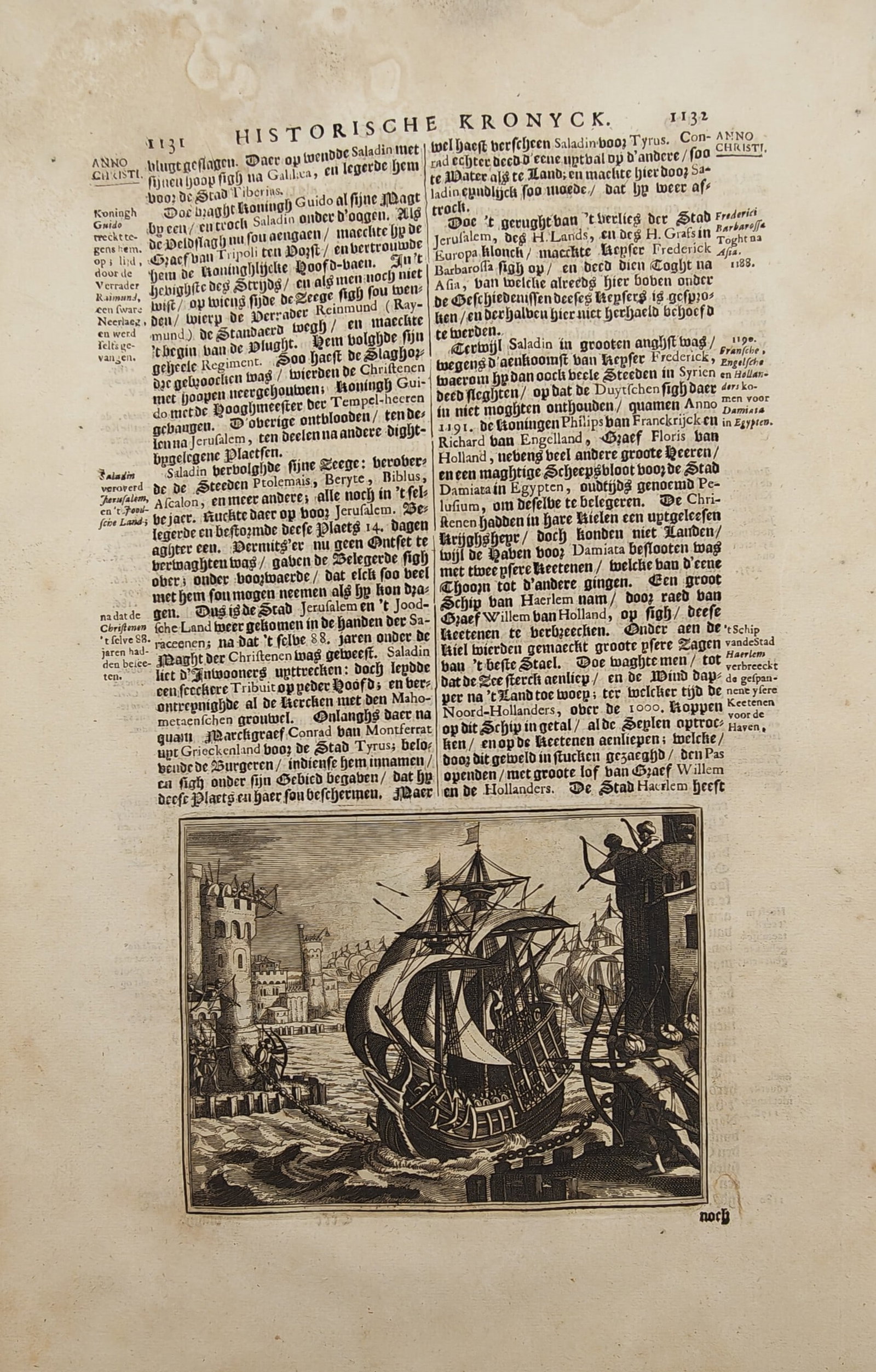 Johann Ludwig Gottfried – Naval Siege and the Capture of Damietta – Engraving (17th Century): "Historical Chronicle" depicts a medieval naval engagement showing a heavily armed warship breaking harbor defenses and an iron chain near a coastal fortress tower during the Siege of Damietta. The co