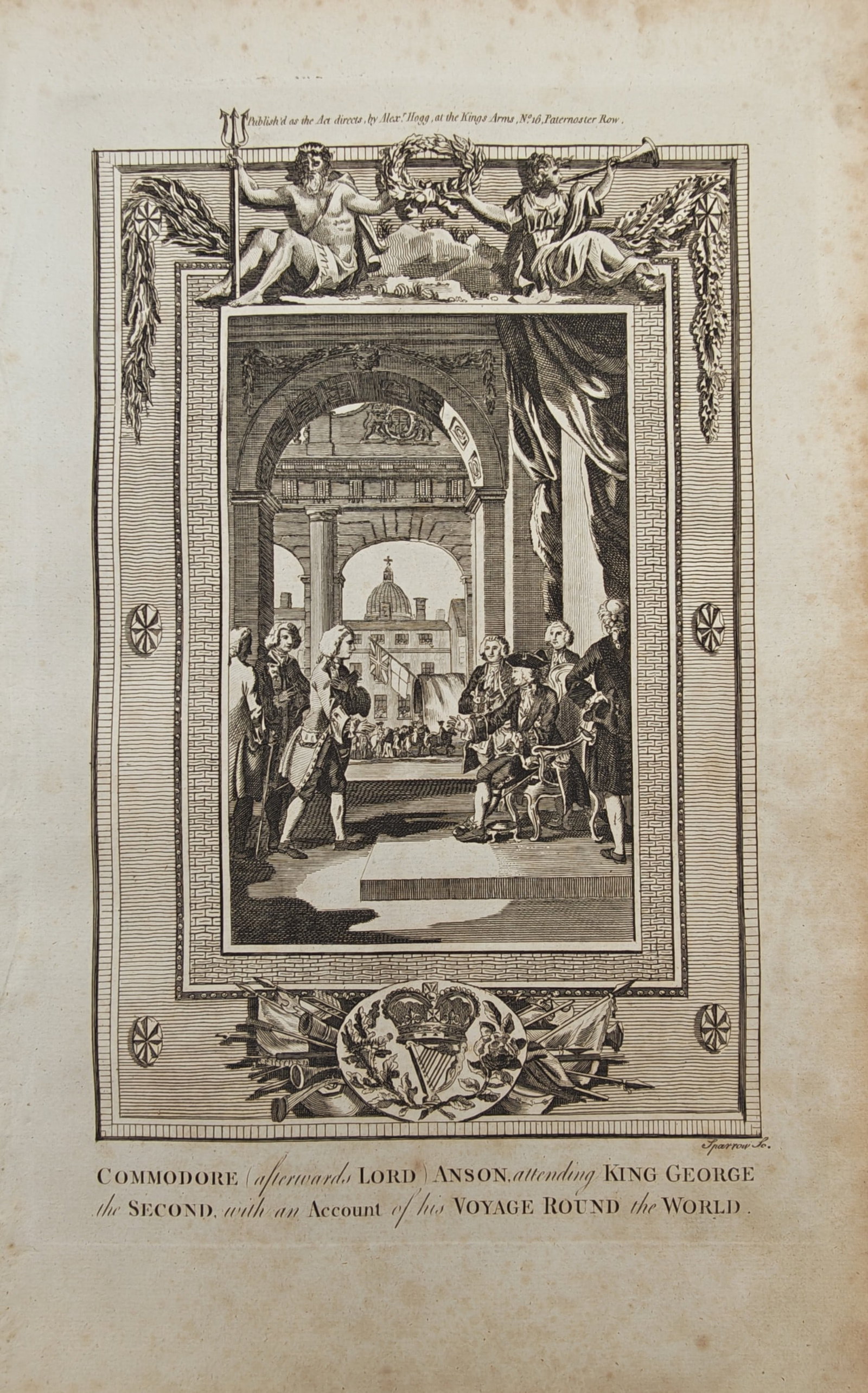 Alexander Hogg – Commodore Anson Attending King George the Second – Engraving (18th Century): "Commodore (Afterwards Lord) Anson Attending King George the Second, with an Account of His Voyage Round the World" portrays the celebrated naval officer presenting the official account of his circumn