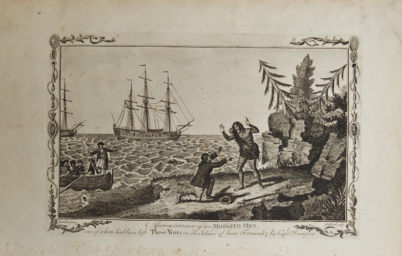 Alexander Hogg – Affecting Interview of Two Miskito Men on Juan Fernandez Island – Engraving: "Affecting Interview of Two Moskito Men, One of Whom Had Been Left Three Years on the Island of Juan Fernandez, by Capt. Dampier" illustrates the dramatic shoreline reunion of two Indigenous crewmen f