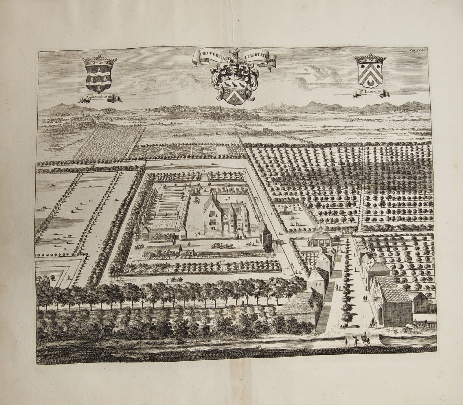 Mattheus Smallegange – Aerial View of Popkensburg Manor and Surrounding Countryside: "Popkensburg" presents a bird's-eye topographical view of the manor house and estate grounds surrounded by formal gardens, expansive orchards, canals, tree-lined roads, and regional coats of arms. The