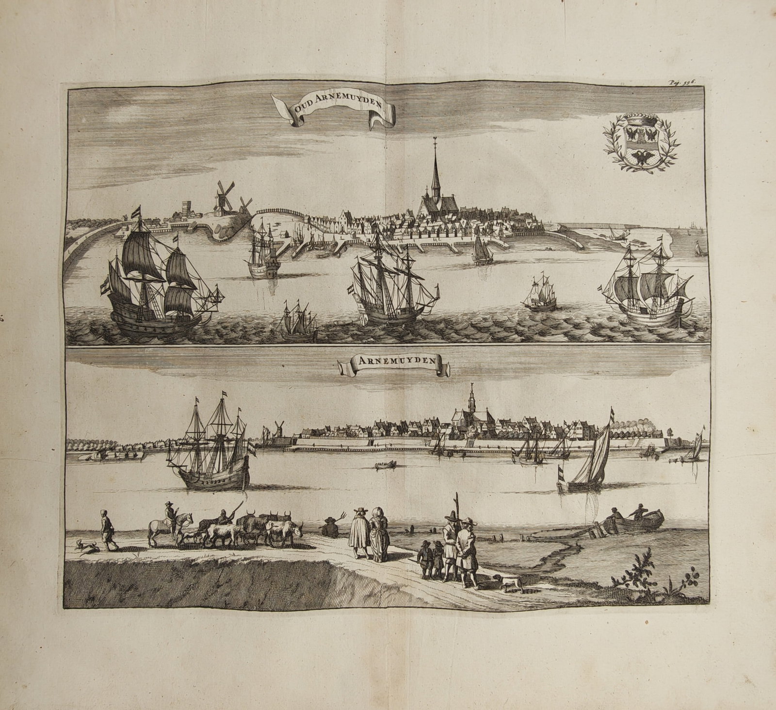 Mattheus Smallegange – Panoramic Views of Old Arnemuiden and Arnemuiden Harbor – Engraving: "Old Arnemuiden and Arnemuiden" presents dual panoramic coastal profiles of the historical port town showing church spires, windmills, sailing vessels, shoreline travelers, and a regional coat of arms