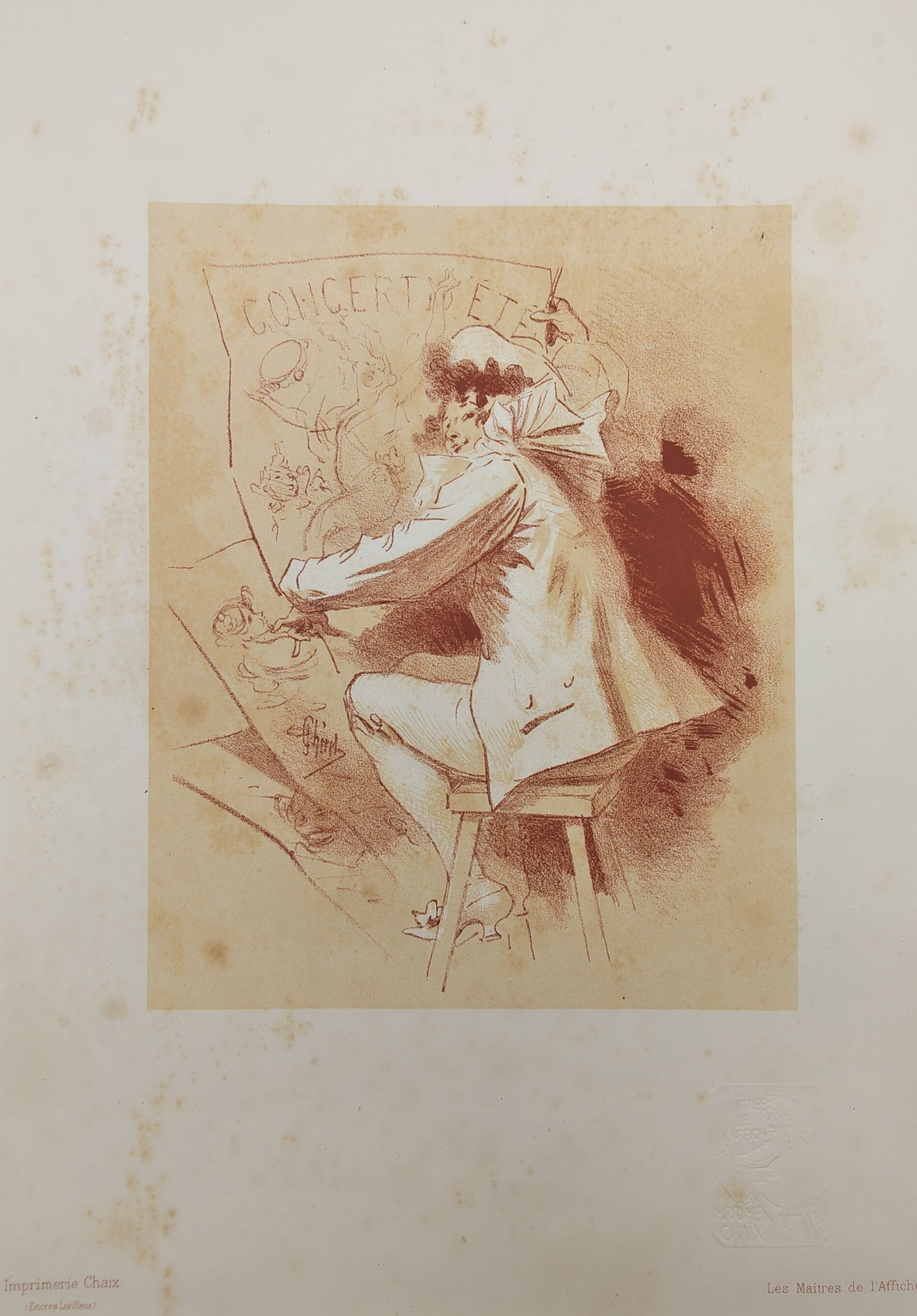 Jules Chéret – Pierrot Designing a Poster for Concert d'Ete – Lithograph (19th Century): "Concert d'Ete" illustrates a seated commedia dell'arte Pierrot figure engrossed in drafting an advertising poster upon an easel. The monochrome lithograph was published by Imprimerie Chaix in Paris a