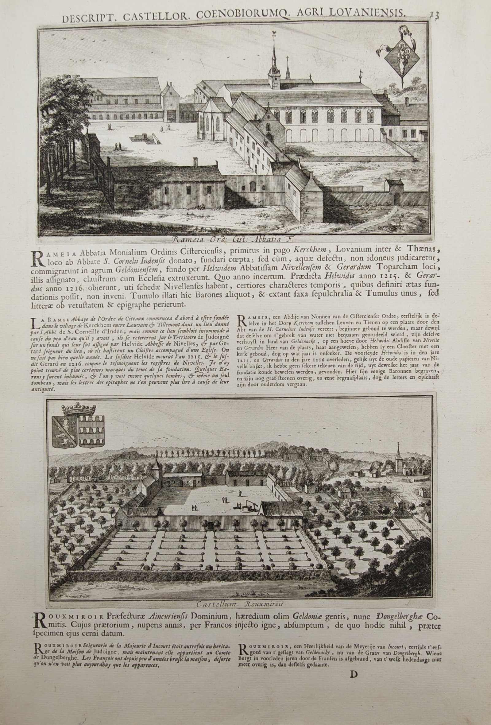 Jacques Le Roy – Architectural and Topographical Views of Rameia Abbey and Rouxmirois Castle: "Description of Castles and Monasteries of the Louvain Region" presents elevated architectural and landscape perspectives of the monastic complex of Rameia Abbey and the estate grounds and parterre ga
