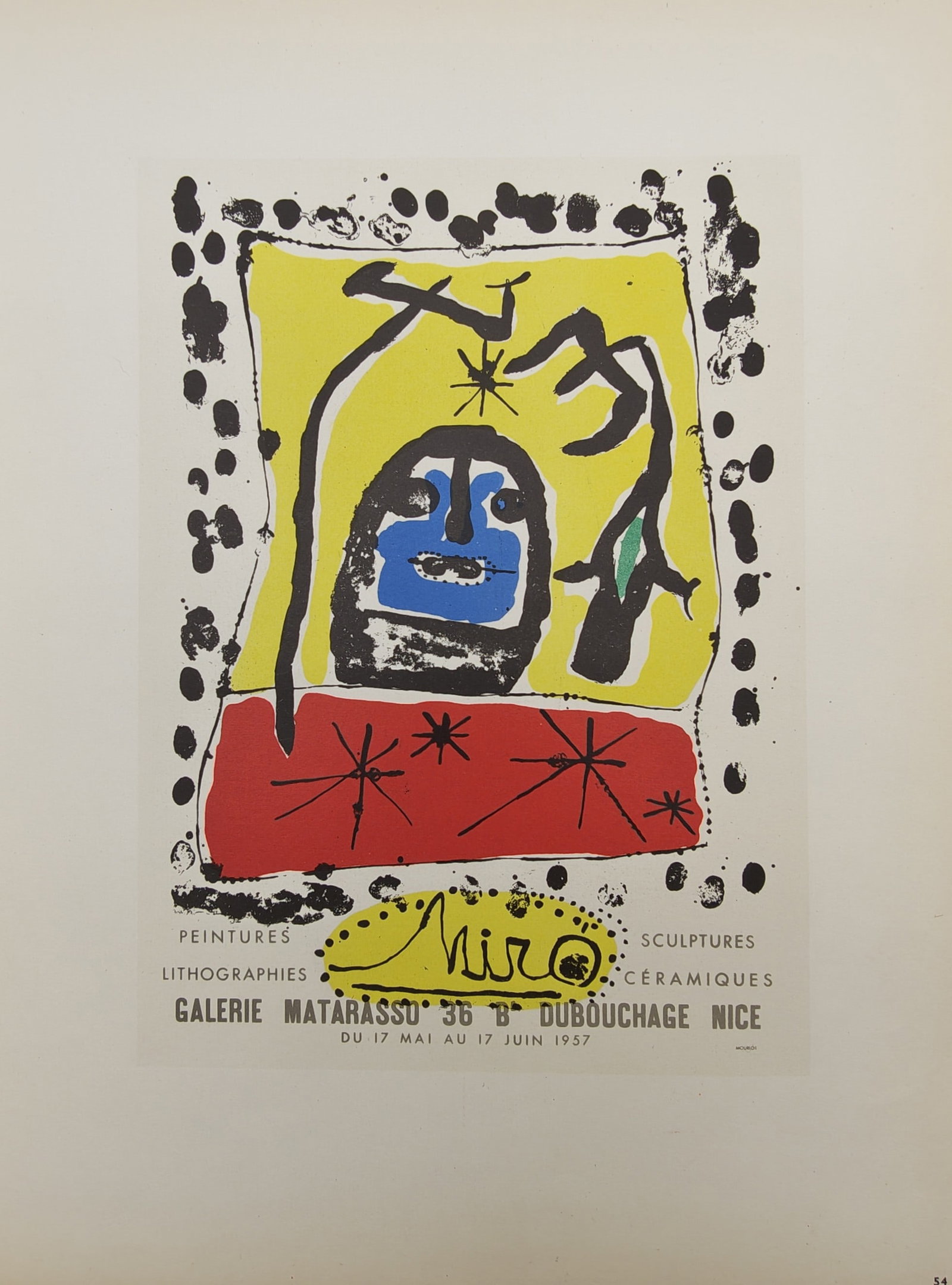 Joan Miro,after – Exhibition Poster for Galerie Matarasso – Offset print (20th Century): "Paintings, Lithographs, Sculptures, Ceramics Galerie Matarasso" presents a vibrant surrealist composition featuring abstract biomorphic figures, primary color planes, celestial star symbols, and deco