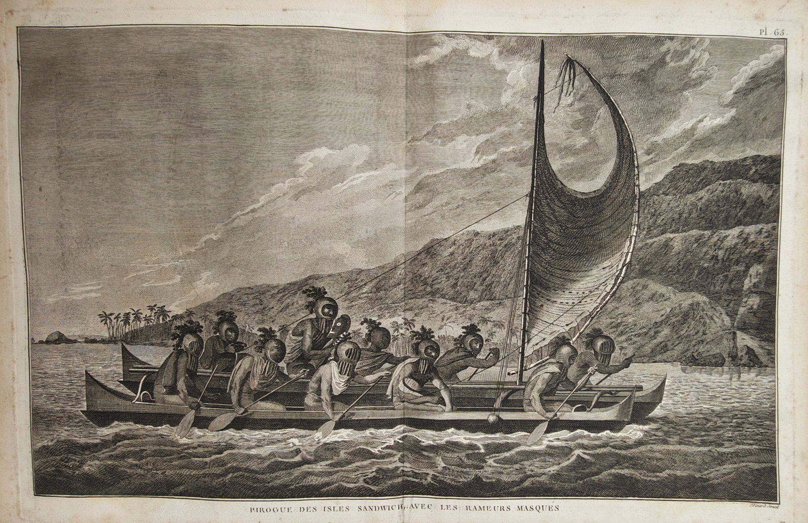 John Webber – Masked Rowers in a Canoe of the Sandwich Islands – Engraving (18th Century): "Canoe of the Sandwich Islands with Masked Rowers" illustrates Hawaiian navigators wearing ceremonial gourds and feathered headwear while paddling an outrigger sailing vessel along a dramatic mountain