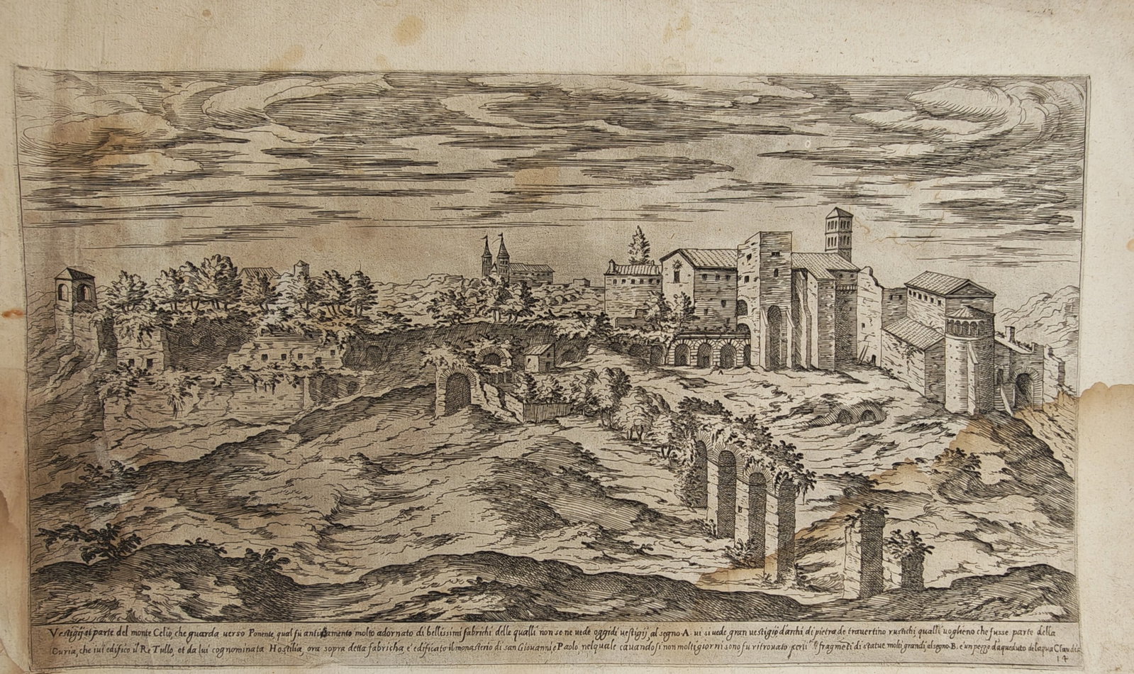 Étienne Dupérac – Architectural and Topographical View of the Caelian Hill in Rome – Etching: "Vestiges and Part of the Caelian Hill Facing West" presents a panoramic landscape and architectural view of the Caelian Hill showcasing ancient Roman ruined arcades, masonry foundations, and medieval