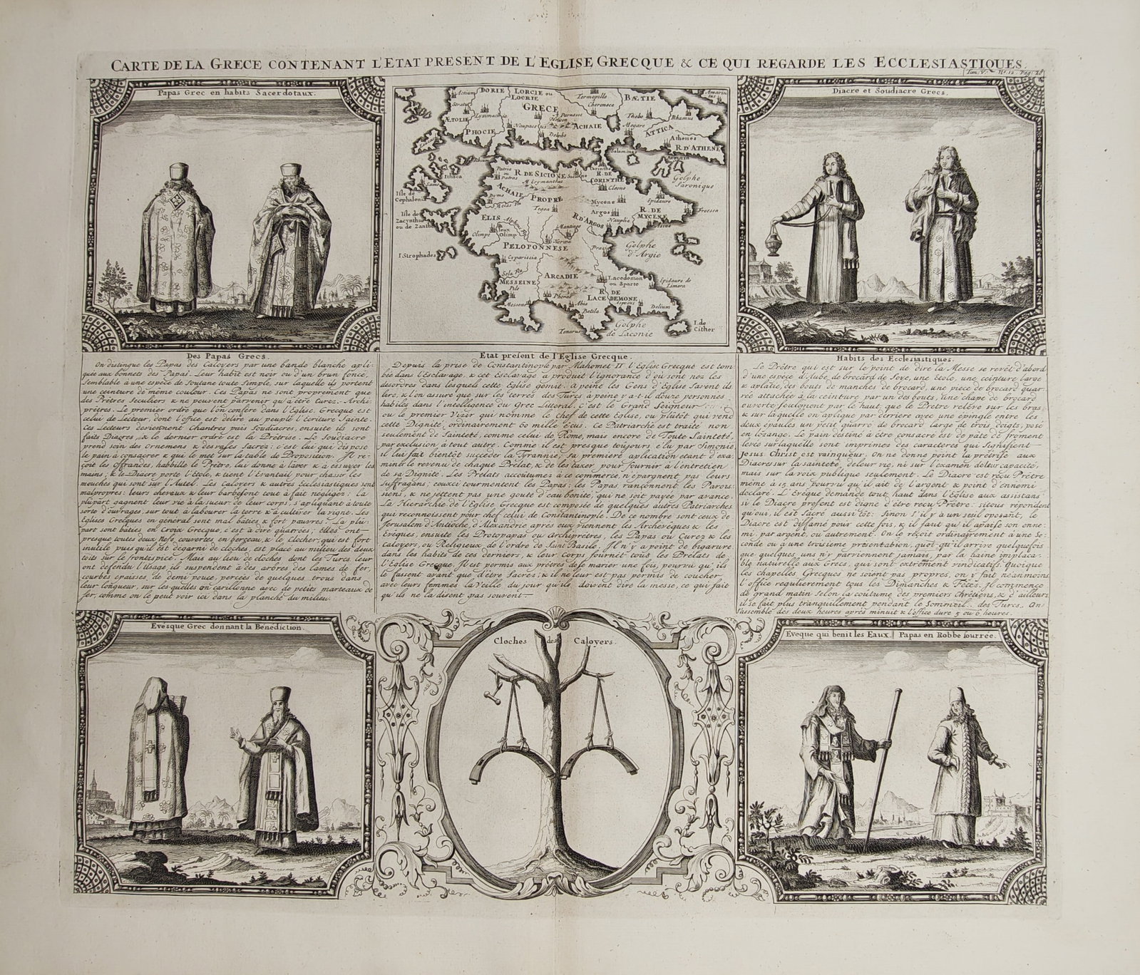 Henri Abraham Châtelain – Map of Greece and Cultural Study of the Greek Orthodox Clergy: "Map of Greece Containing the Present State of the Greek Church and What Concerns the Ecclesiastics" presents a geographical map of the Peloponnese alongside ethnographic illustrations of Greek Orthod