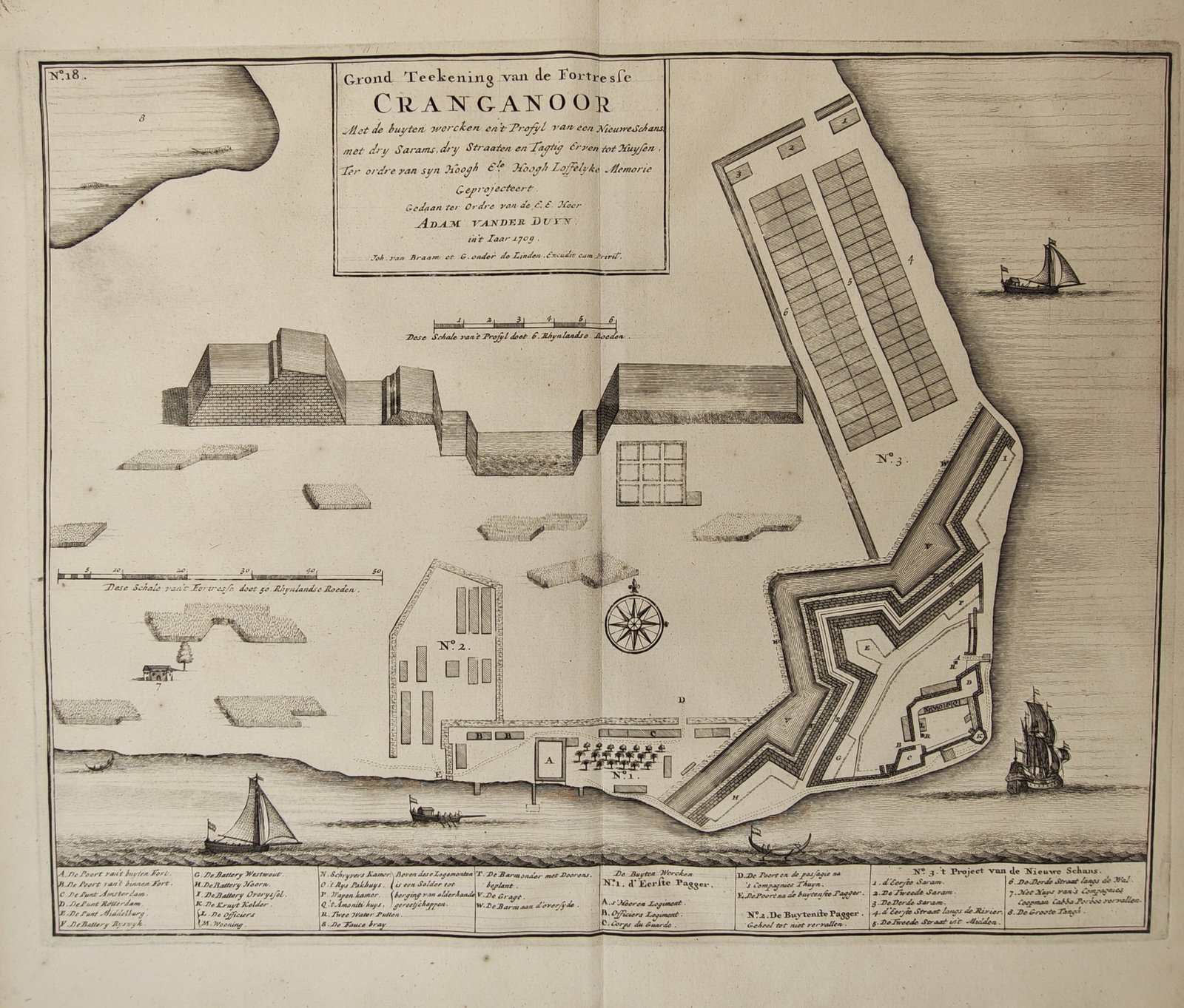 Adam van der Duyn – Map and Fortification Plan of the Cranganore Fortress in India – Engraving: "Ground Plan of the Fortress of Cranganore" presents a detailed military fortification chart and architectural cross-section of the coastal fortress in Kodungallur showing bastions, defensive earthwor