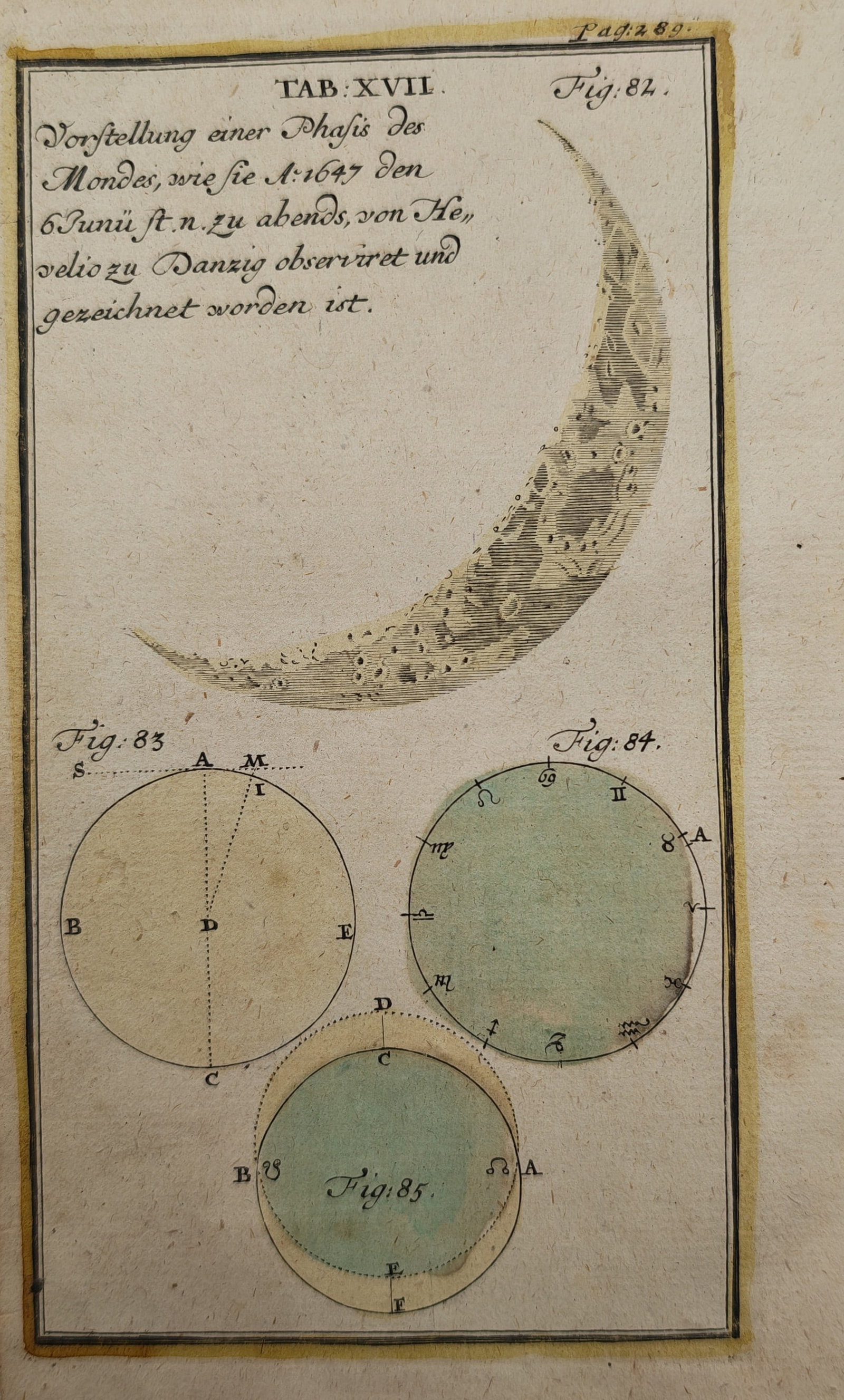 Johann Leonhard Rost – Astronomical Diagrams of Lunar Phases and Hevelius Observations: "Representation of a Phase of the Moon Observed and Drawn by Hevelius in Danzig" presents a detailed lunar crescent showing cratered topography after Johannes Hevelius alongside geometric diagrams ill