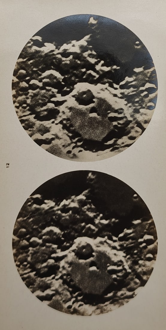 Edward Emerson Barnard – Stereoscopic Study of Lunar Craters and Topography – Photogravure: "Stereoscopic Views of the Lunar Surface" presents paired circular telescopic images illustrating rugged lunar impact craters, mountain ridges, and deep shadowed terrain designed for three-dimensional
