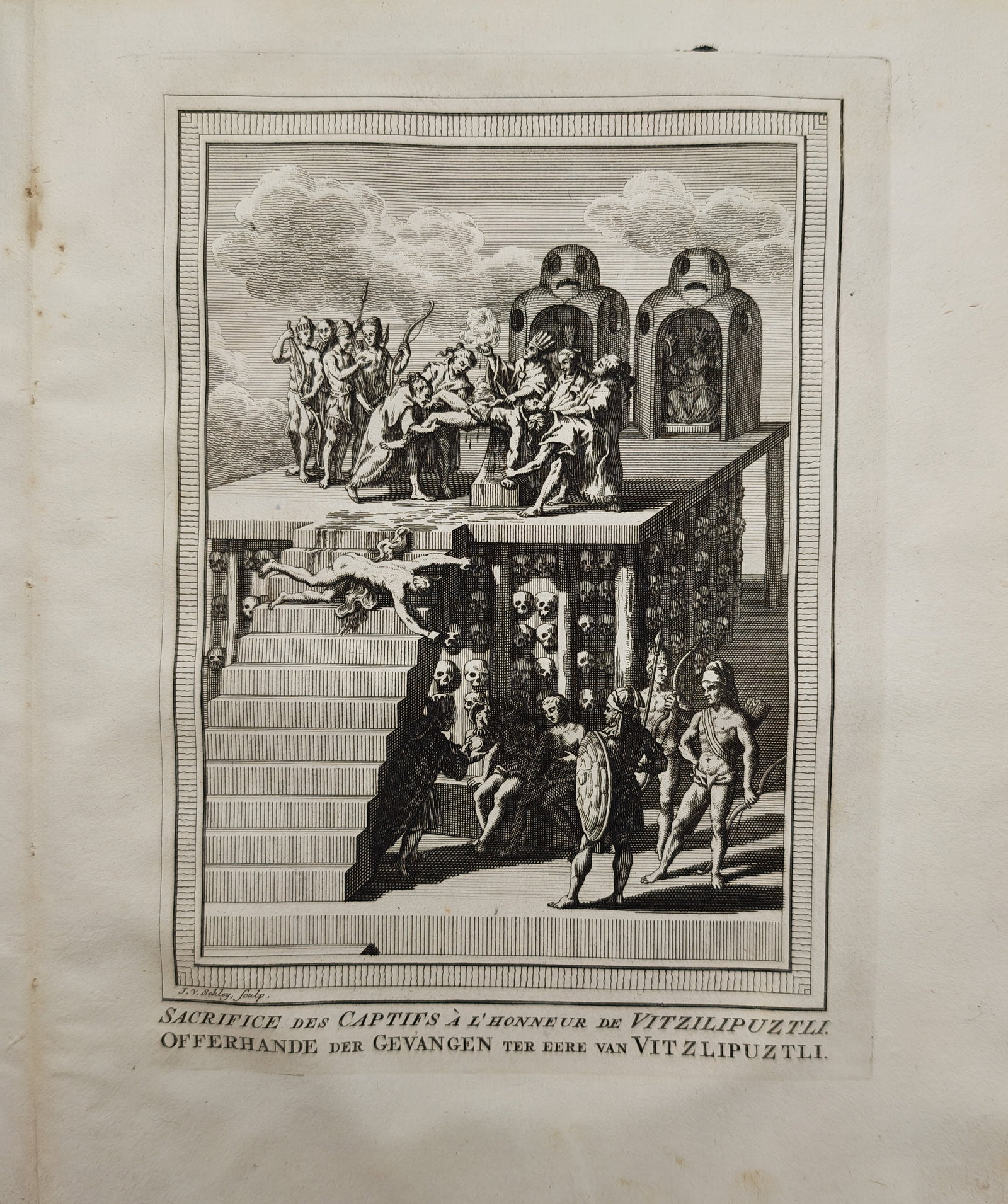 Jacob van der Schley – Aztec Human Sacrifice in Honor of Huitzilopochtli – Engraving (18th: "Sacrifice of Captives in Honor of Huitzilopochtli" presents a dramatic depiction of Aztec priests performing human sacrifice atop a temple pyramid surrounded by shrines, armed warriors, and a monumen